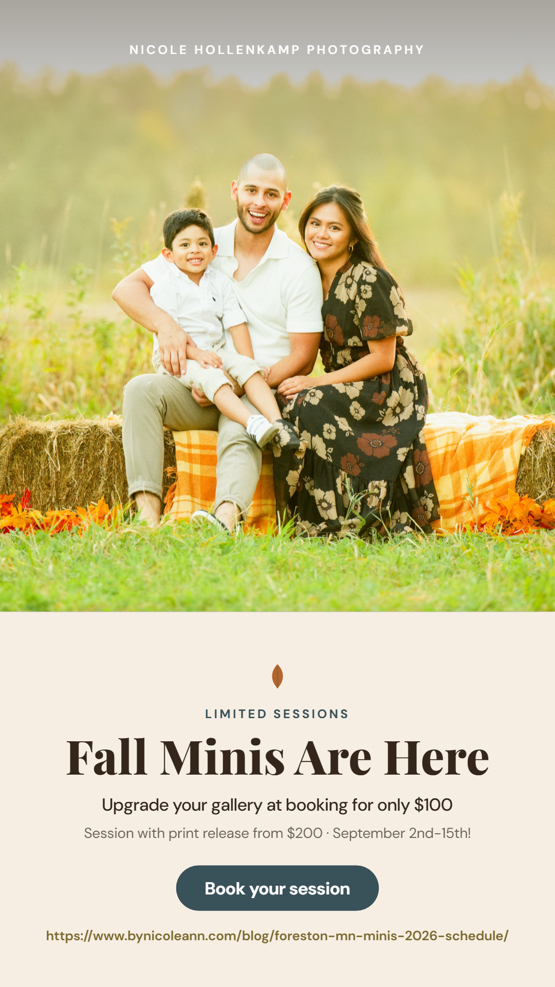 Family of three poses on hay bale in fall field for Nicole Hollenkamp Photography Fall Minis session promo.