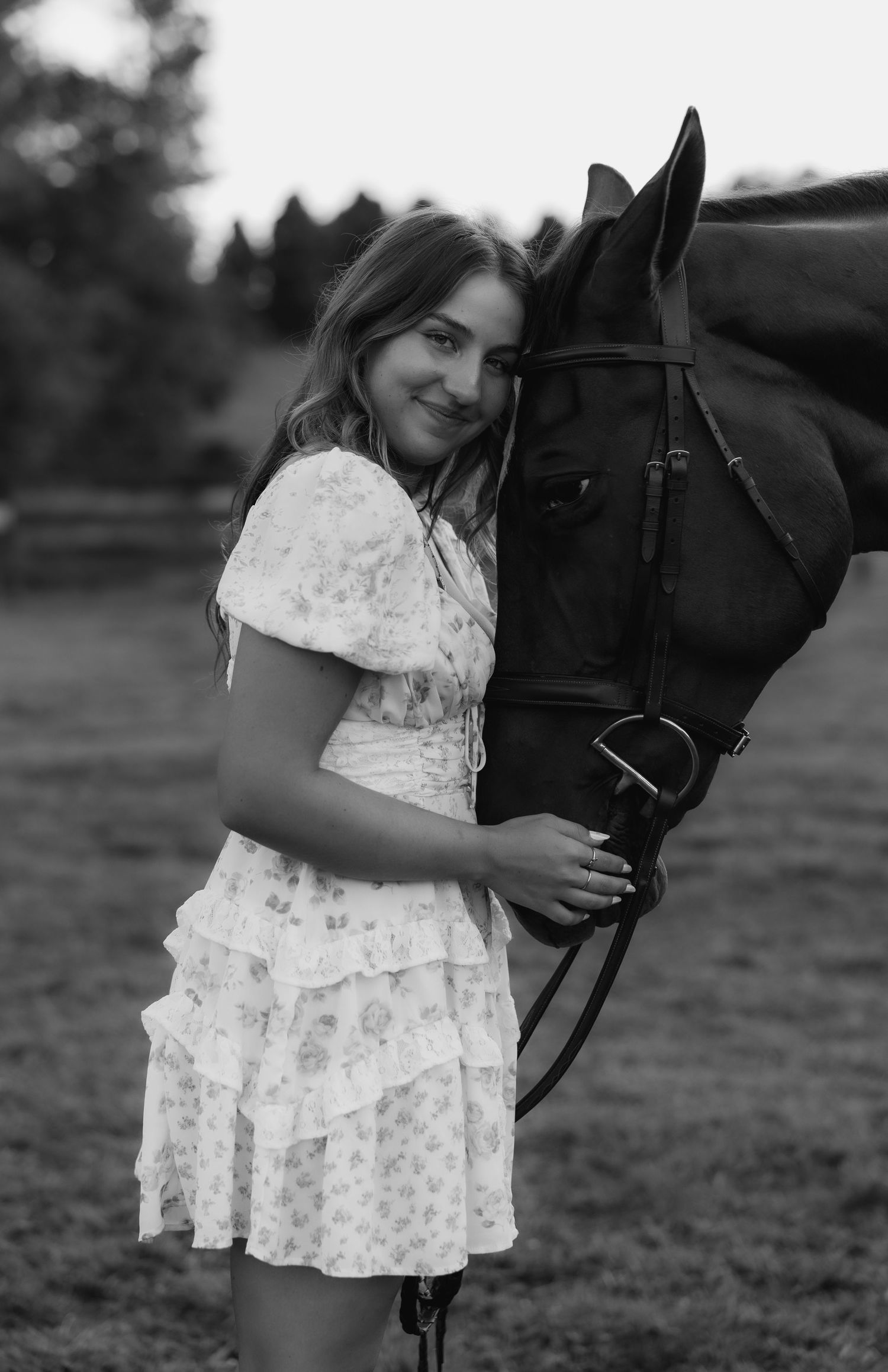 A young girl in a floral dress gently pets a black horse in a series of black and white photographs.