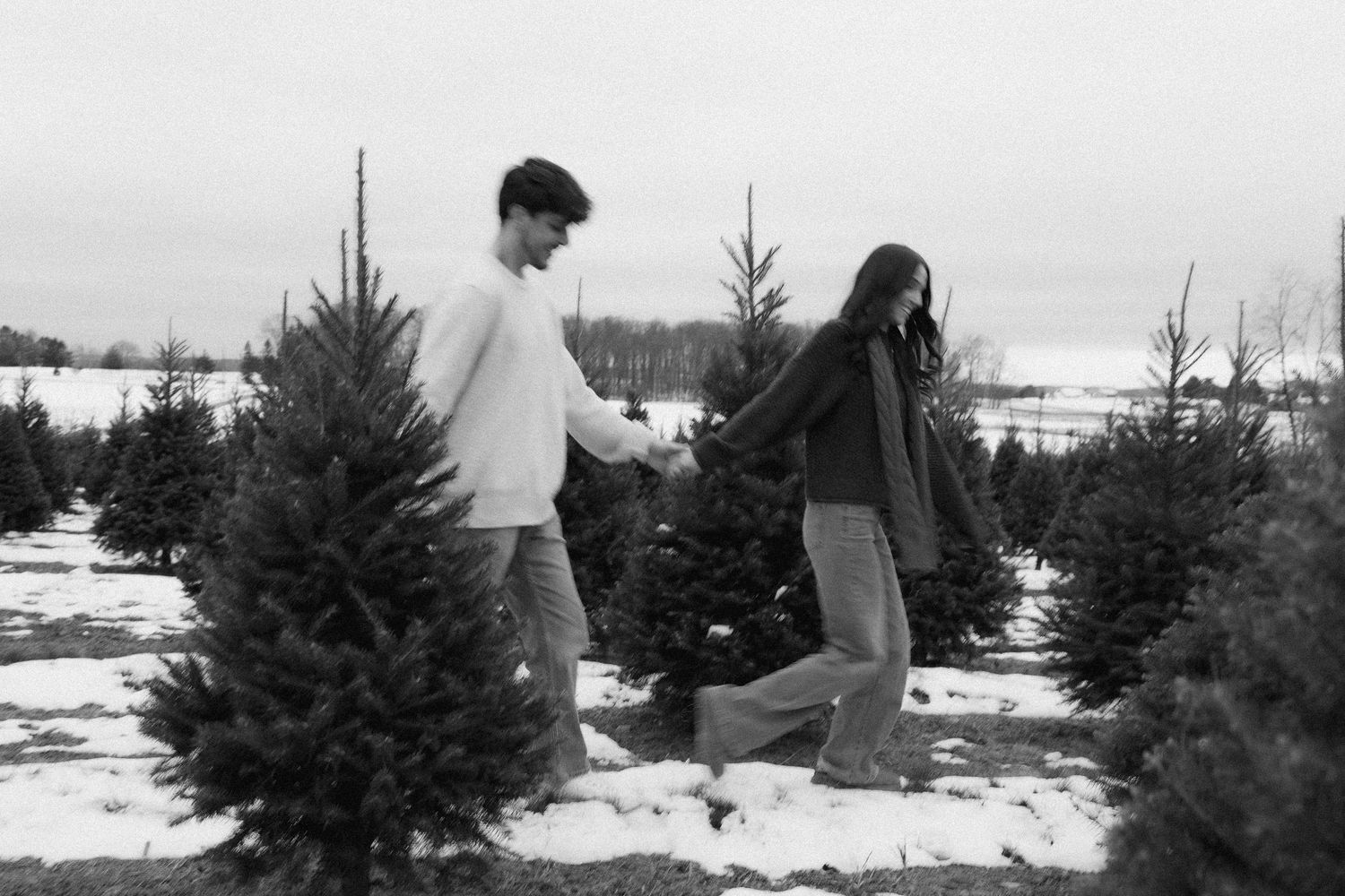 A collage of people selecting and cutting down Christmas trees at a snowy tree farm during winter.