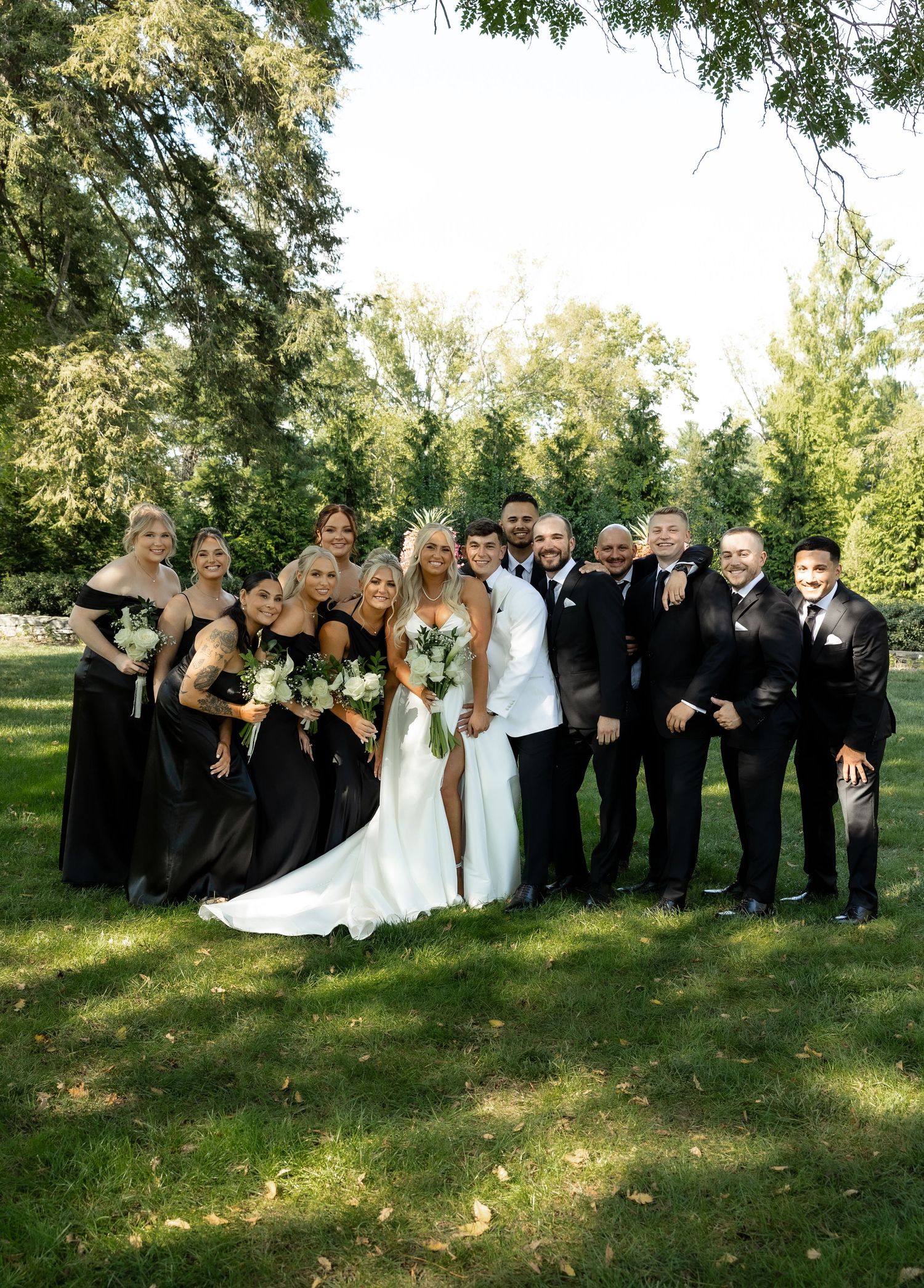 A wedding party poses outdoors with bridesmaids in black dresses and groomsmen in suits.