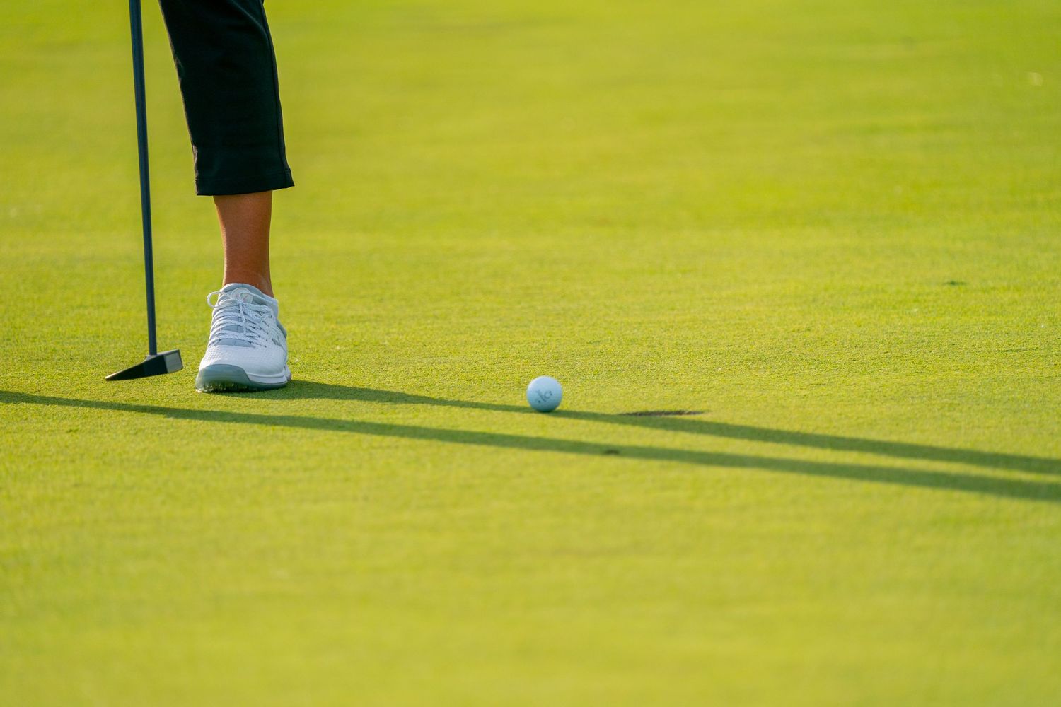 Golf ball sits on manicured green grass near a hole flag while players prepare to putt.