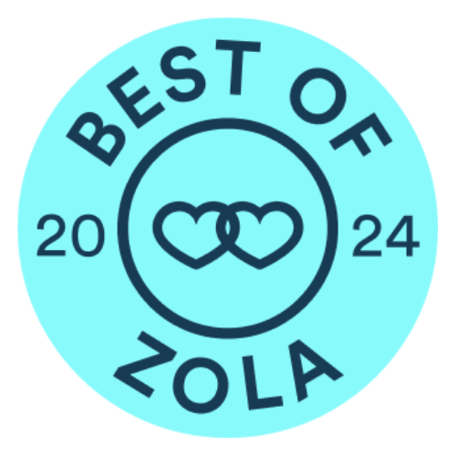 A turquoise circular badge design with interlocking hearts and 'BEST OF ZOLA 2024' text around the perimeter.