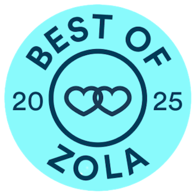 A circular logo design featuring interlocking hearts and text 'BEST OF ZOLA 2025' on a turquoise background.