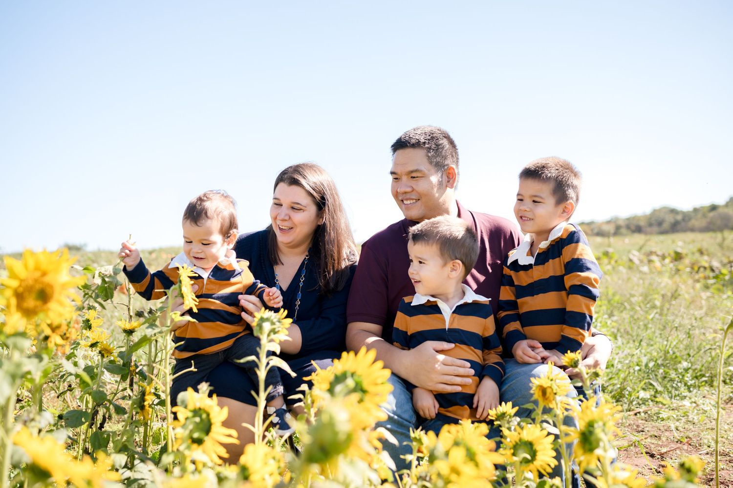 Family playing together in a blooming sunflower field on a bright summer day.