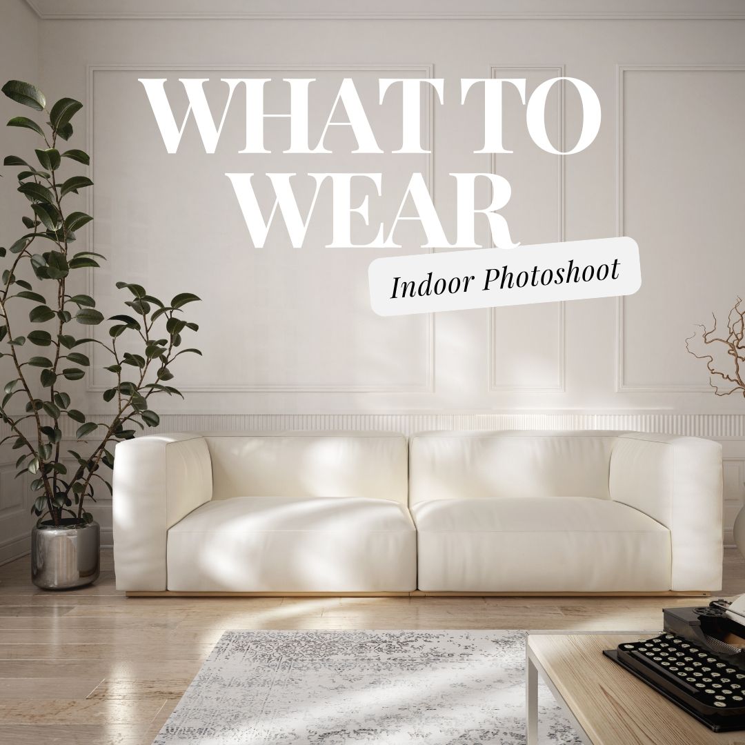 A minimalist living room interior with a white couch, gray rug and potted plant, featuring 'What to Wear' text overlay.