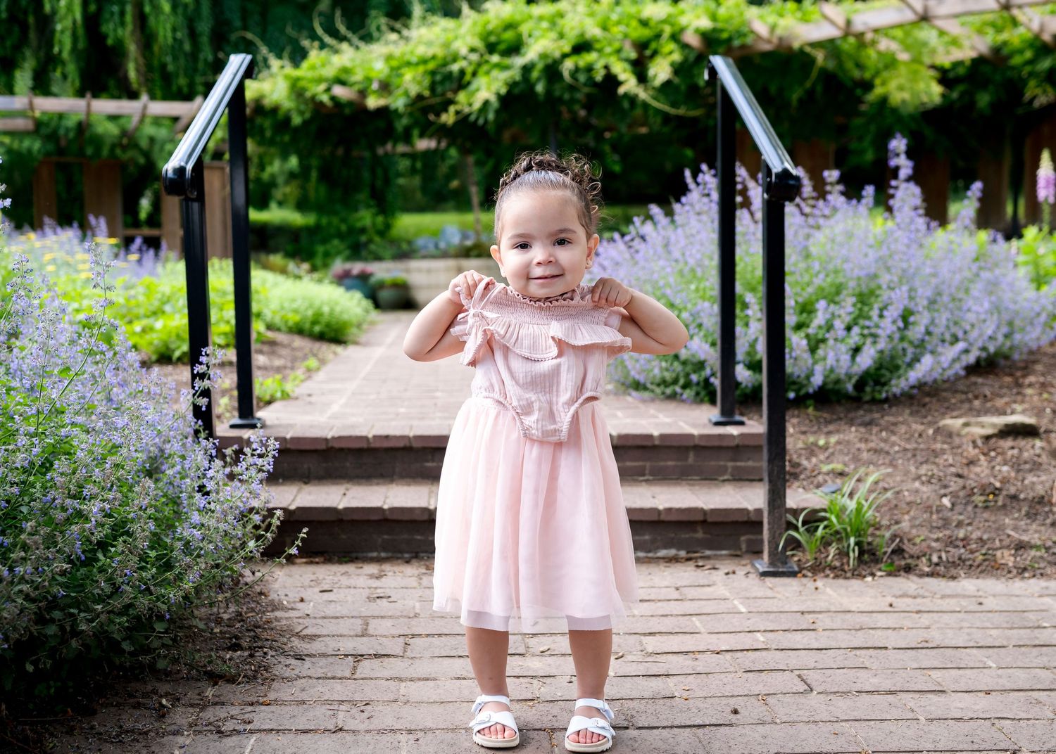 A small figure in a pink ruffled dress stands on garden steps surrounded by blooming purple flowers and greenery.