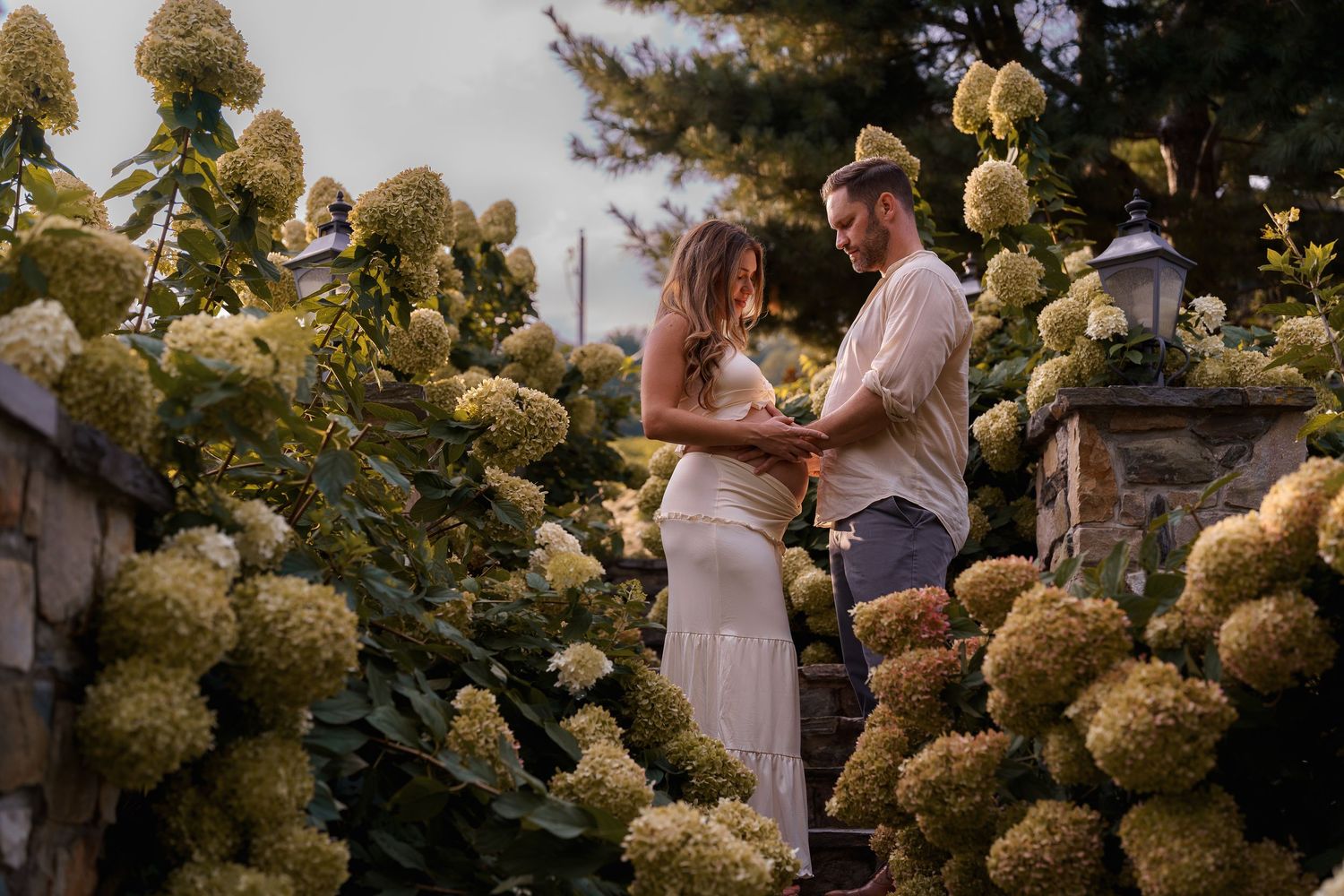 Couple sharing a romantic moment surrounded by blooming hydrangea bushes in a garden at sunset during a maternity session in Leesburg, VA
