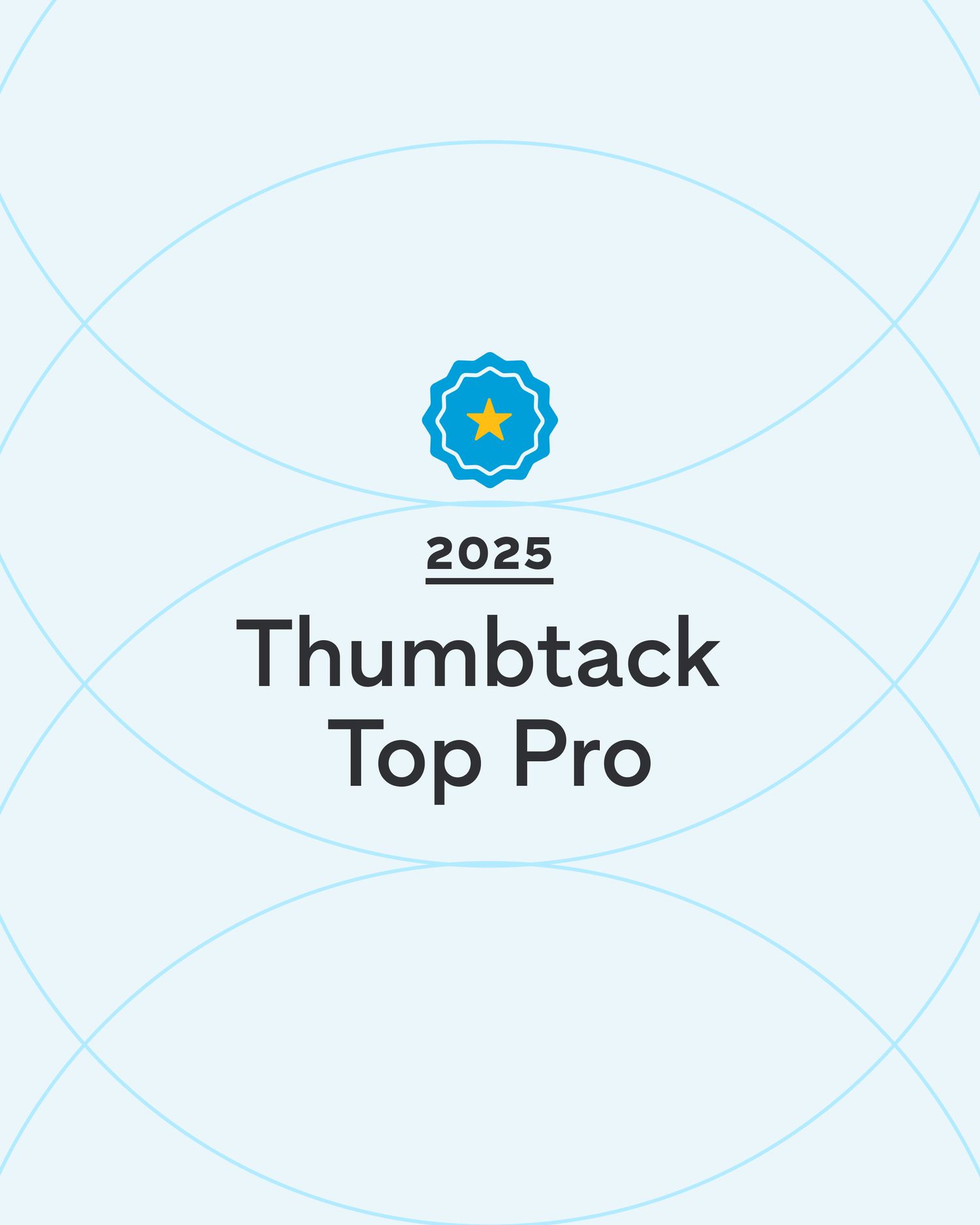 Three circular badges with blue accents showing Thumbtack branding and achievements including a 2025 award and Top Pro status.
