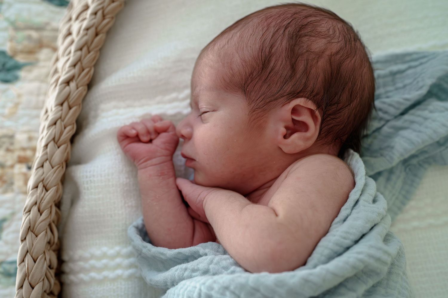 Peaceful newborn baby sleeping wrapped in a soft blue blanket inside a cozy wicker basket during newborn session in Vienna, VA