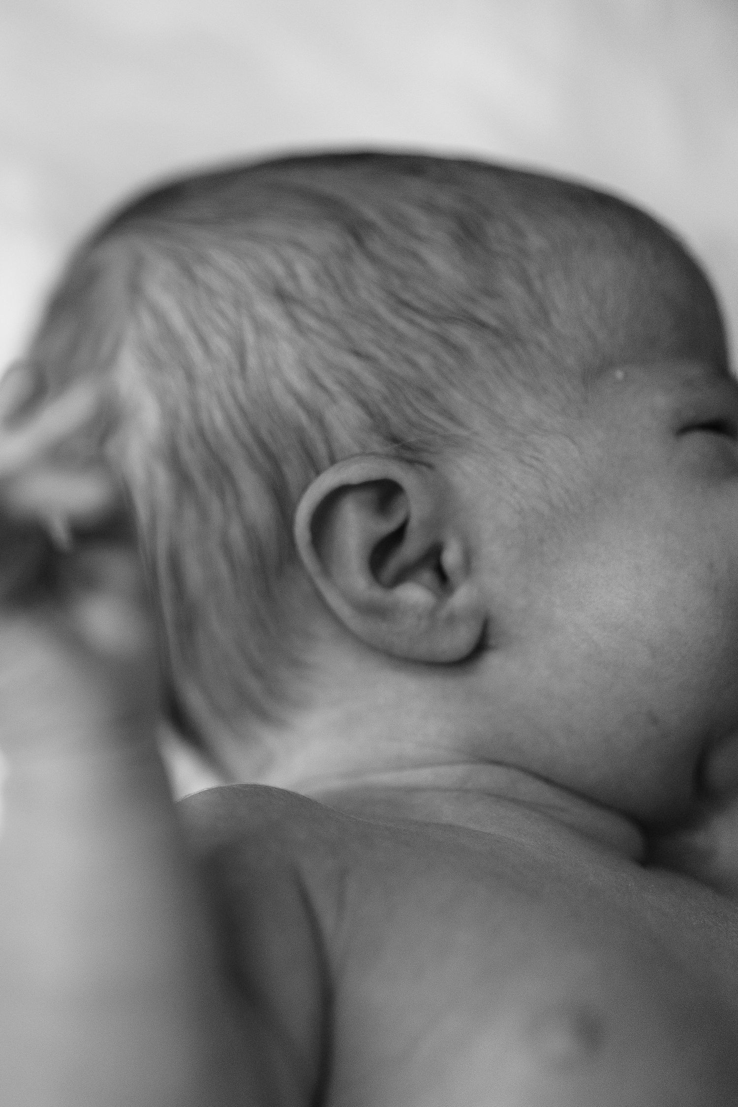 A close-up black and white photo showing a baby's ear and soft hair against a blurry background.