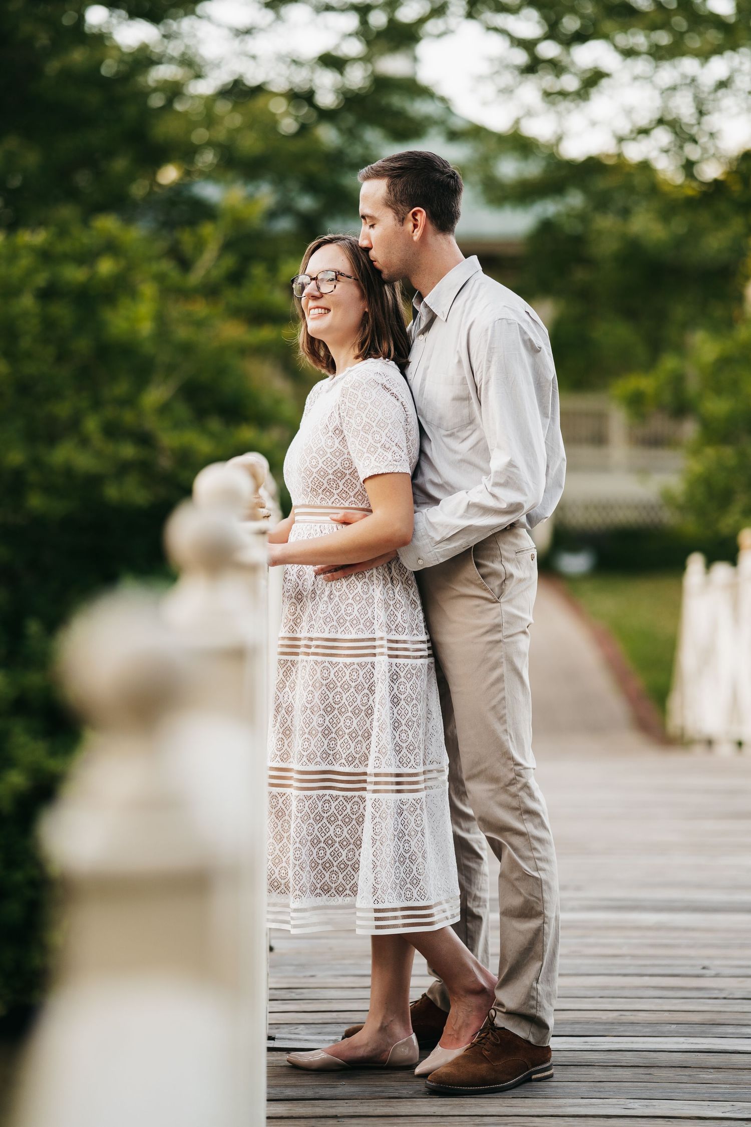 Engaged couple on a bridge in Quiet Waters Park in Annapolis in Maryland