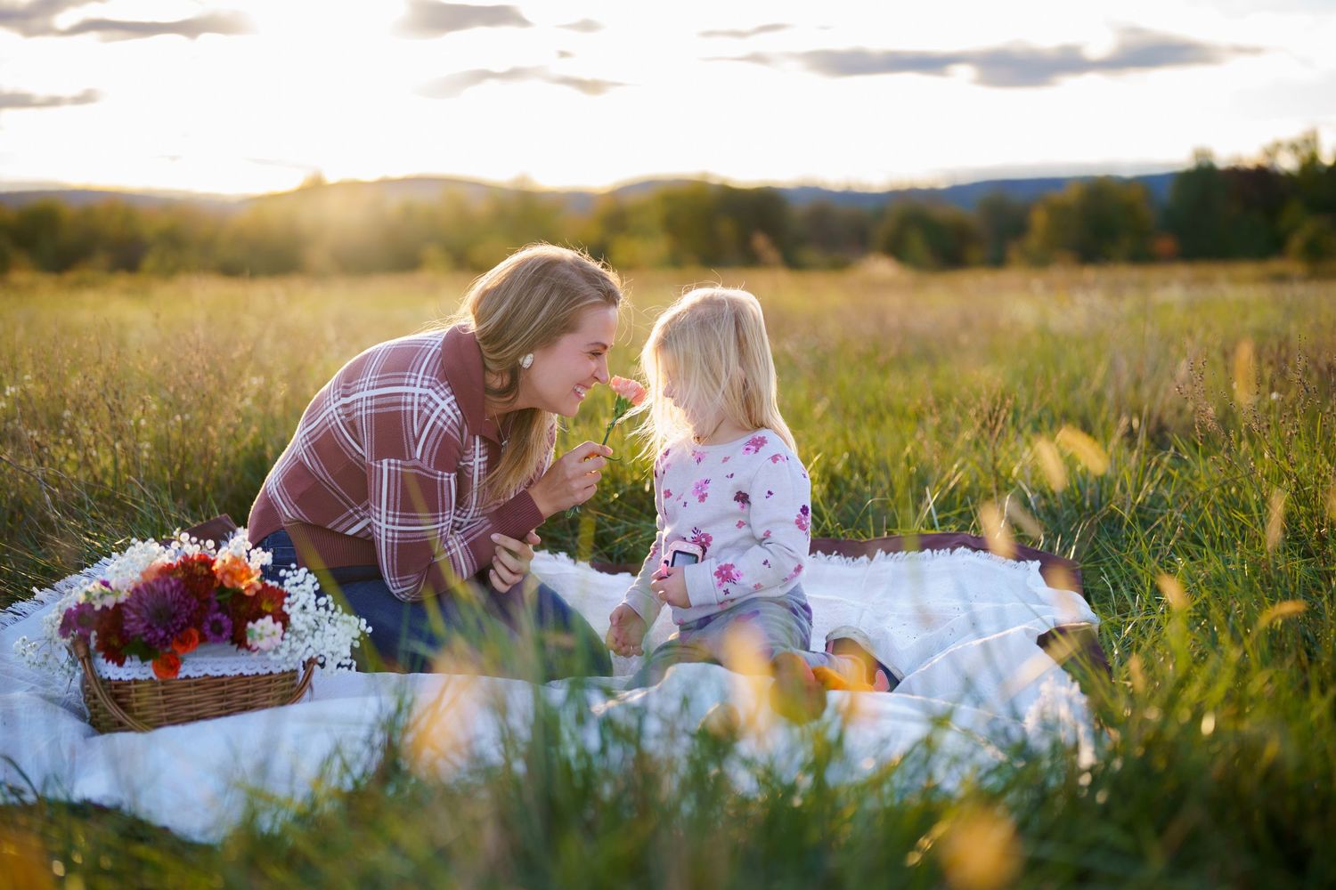 Natural light family session at golden hour in a field near Frederick, Maryland