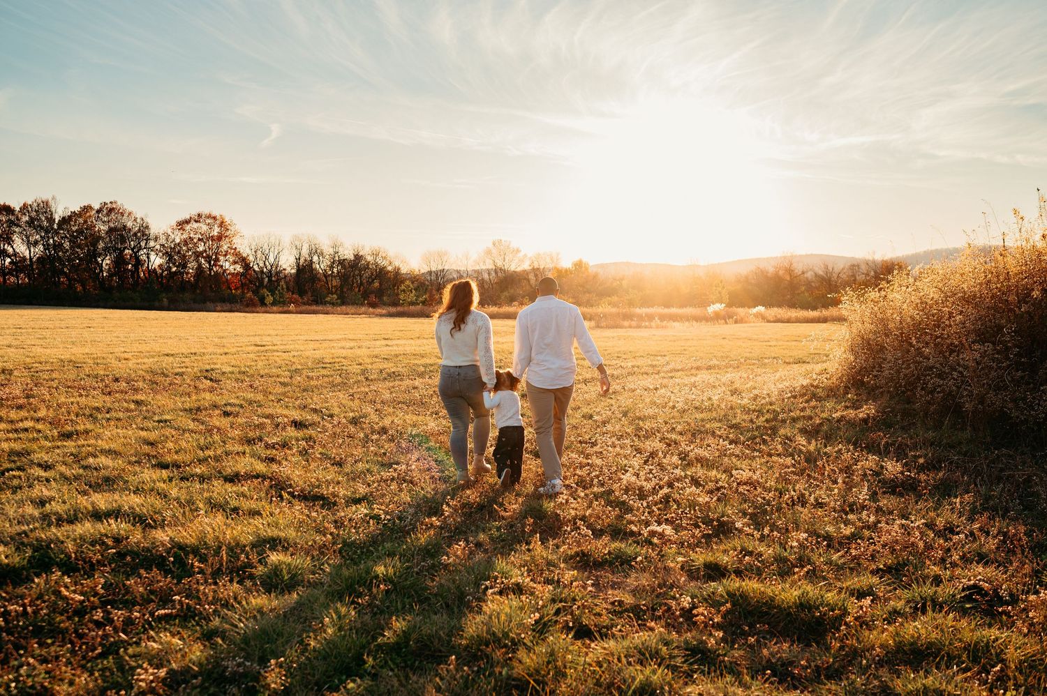 Silhouetted family walks through golden field at sunset casting long shadows across the pastoral landscape, in Frederick, MD