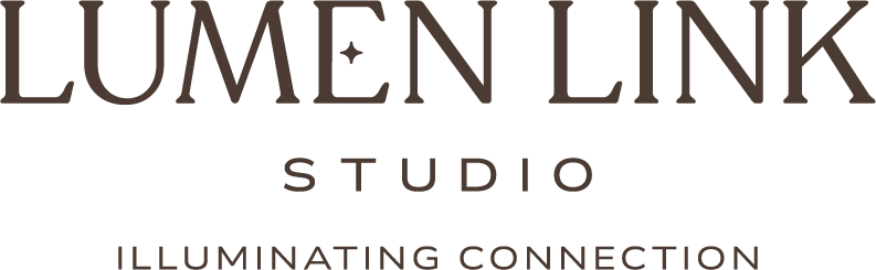 Black and white Lumen Link studio logo design with stylized text and illuminating connection tagline.