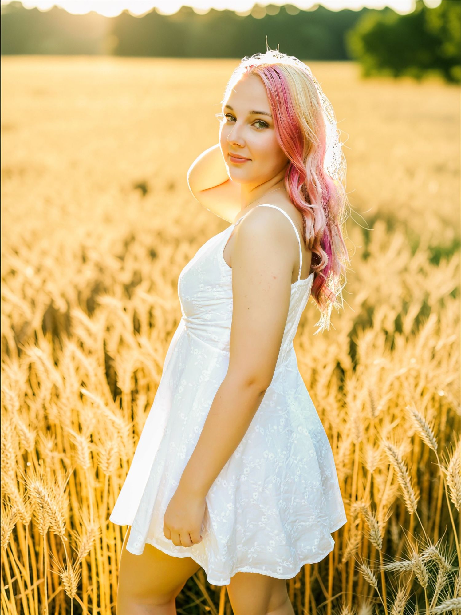 Young woman with pink hair in white dress standing in golden wheat field at sunset.
