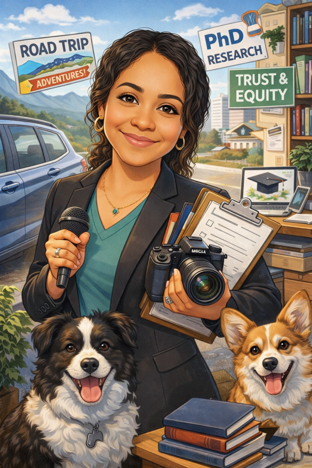 Illustrated portrait of a woman with dogs, camera, microphone, PhD research and road trip signs.