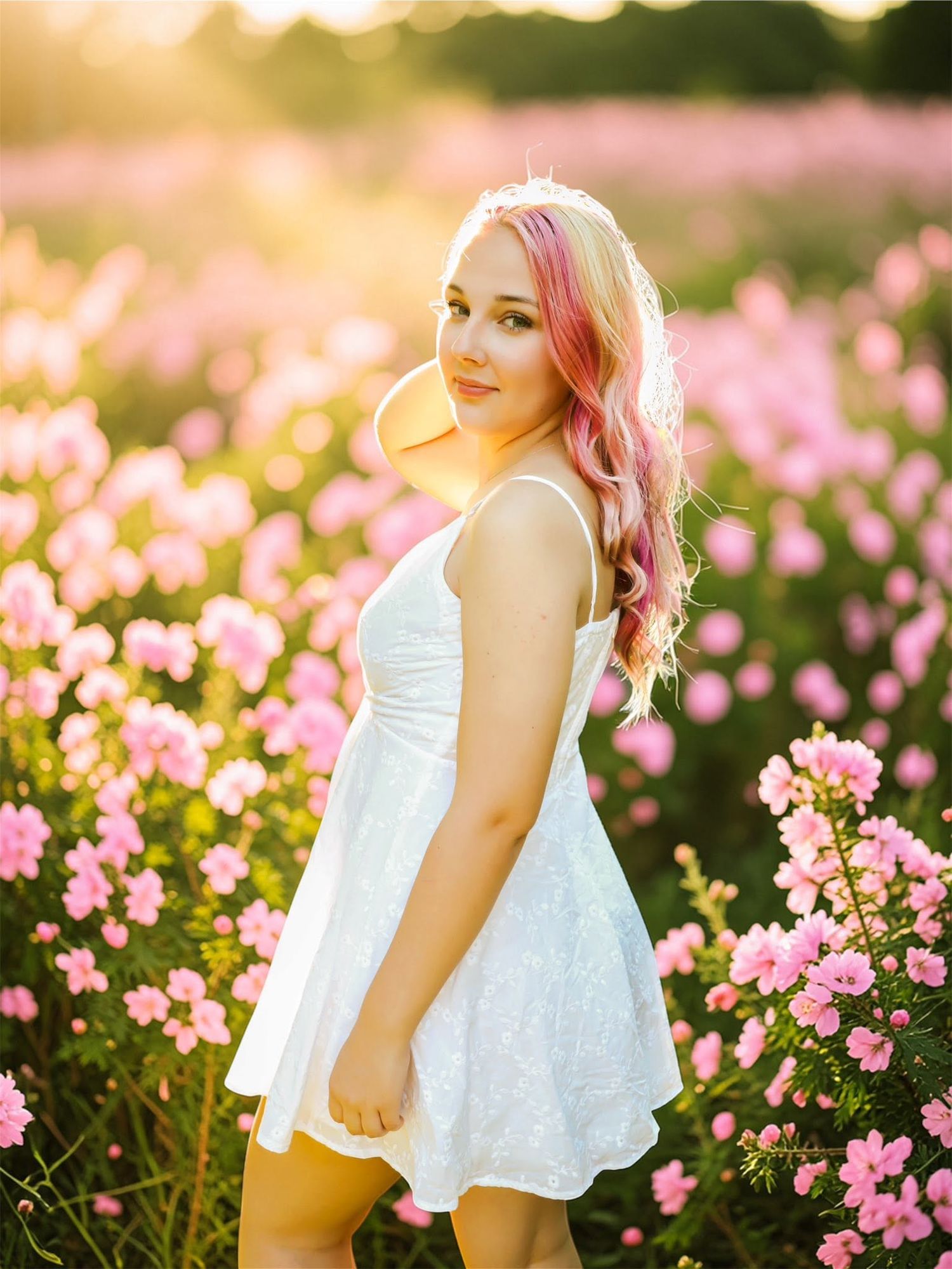 Highschool portraits with young woman in white dress standing in a pink flower field at golden hour in Gainesville Florida