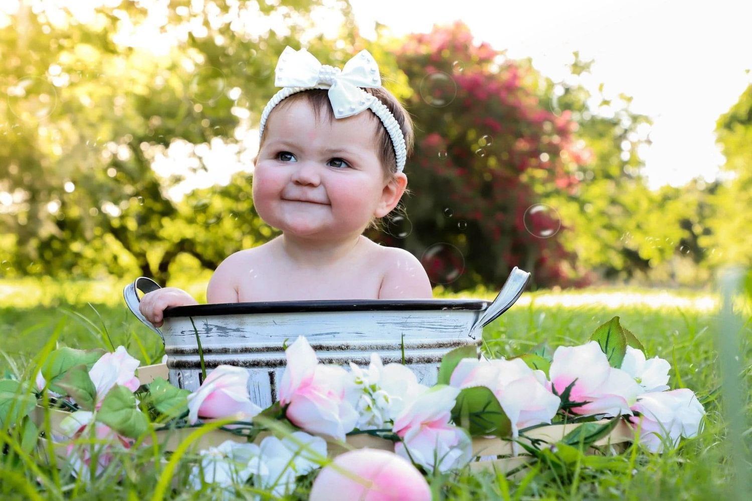 A smiling baby girl with a white bow headband sits in a metal tub surrounded by roses in Gainesville, Florida.