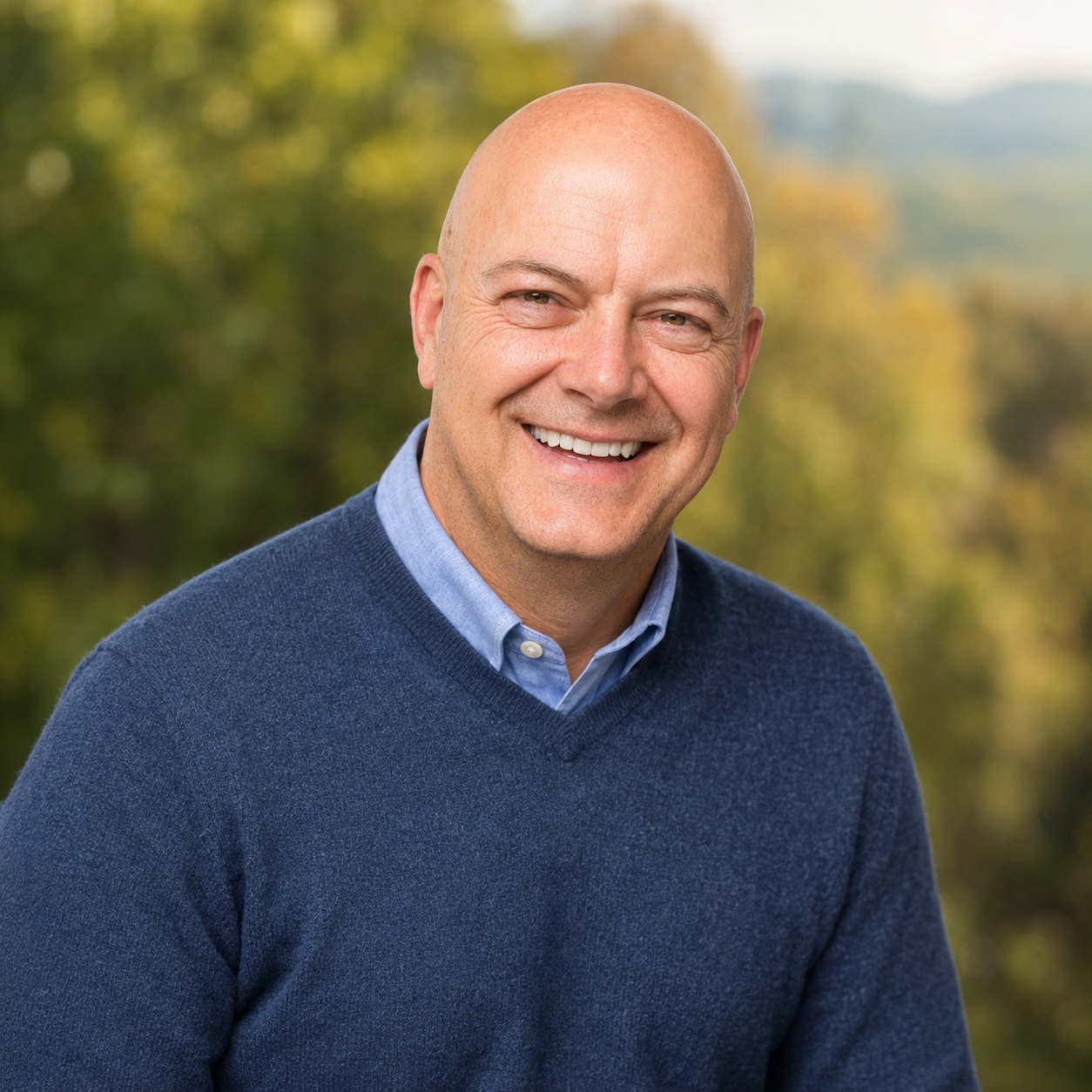 Scott Kurfman smiling outdoors in a blue sweater.