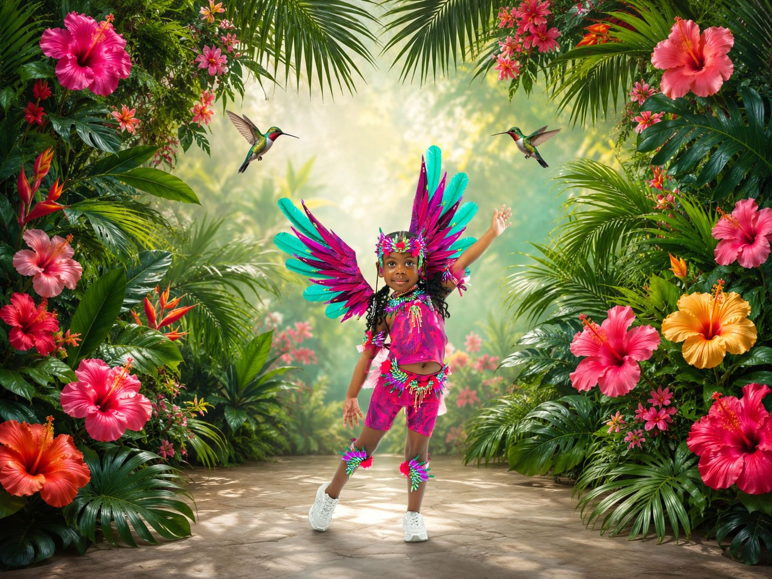 Young girl in pink carnival costume with butterfly wings dances in a tropical floral garden setting.