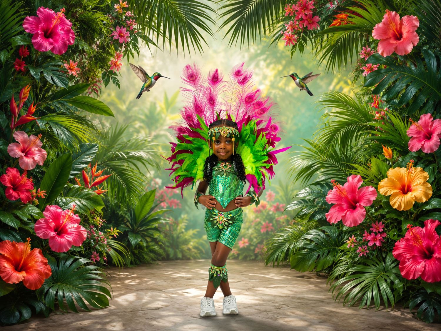 Young girl in vibrant green carnival costume with feathered headdress surrounded by tropical flowers.