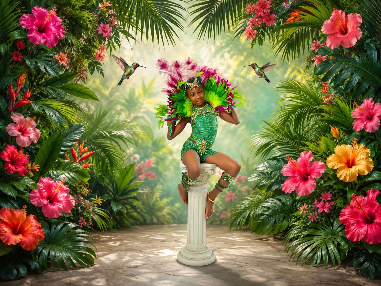 Child performer in green sequined outfit poses on pedestal amid lush tropical garden with hibiscus blooms.