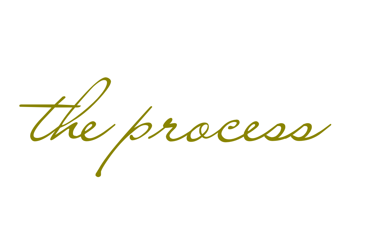 Decorative gold text reading 'The process' against a white background.