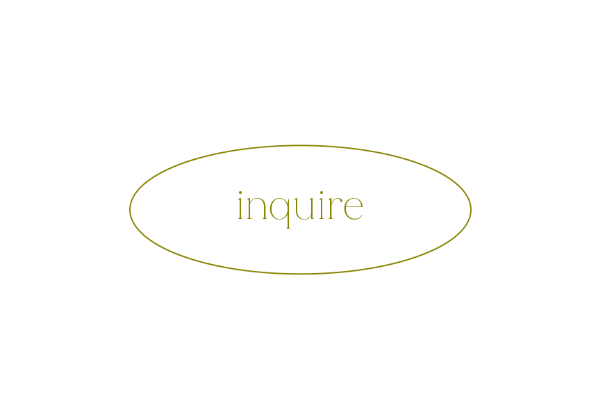 Simple text reading 'inquire' in delicate gold calligraphy.