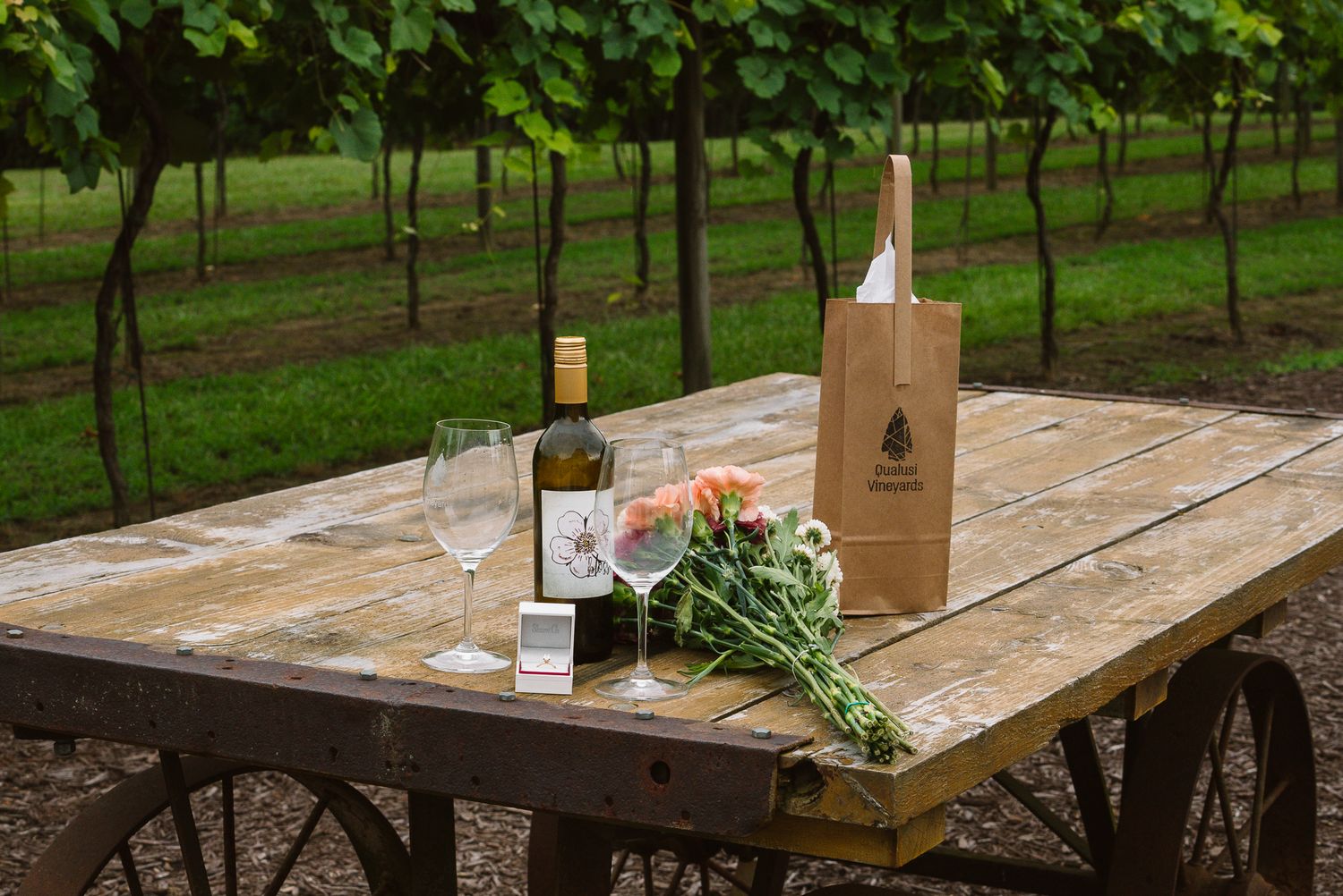 Wine bottles and glasses on rustic wooden table in vineyard setting.