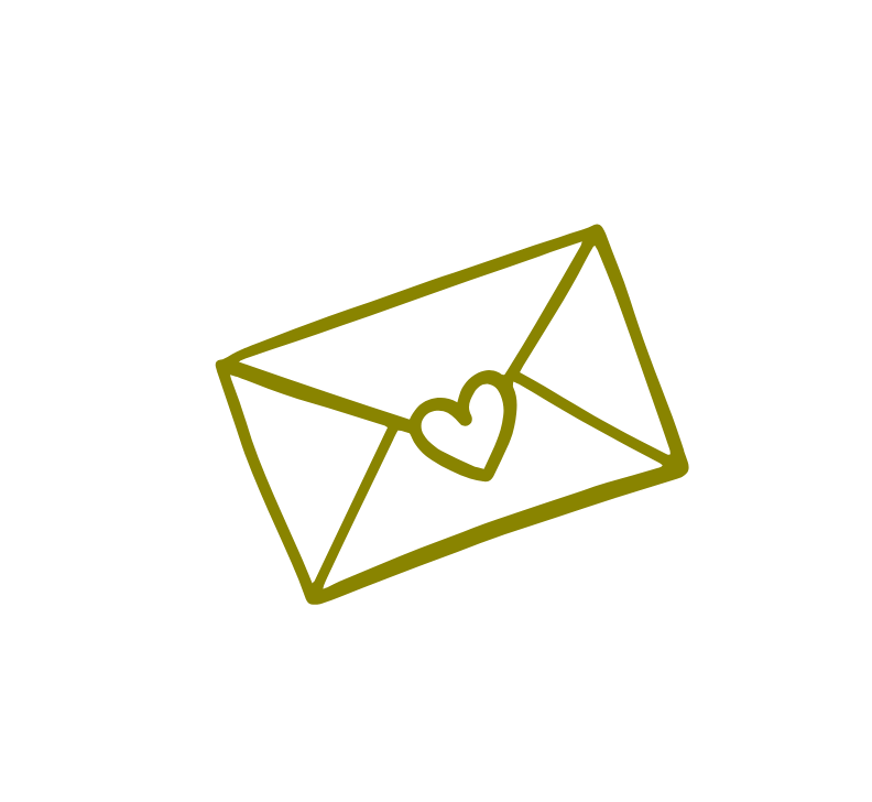 Simple line drawing of an envelope with a heart seal in olive green color.
