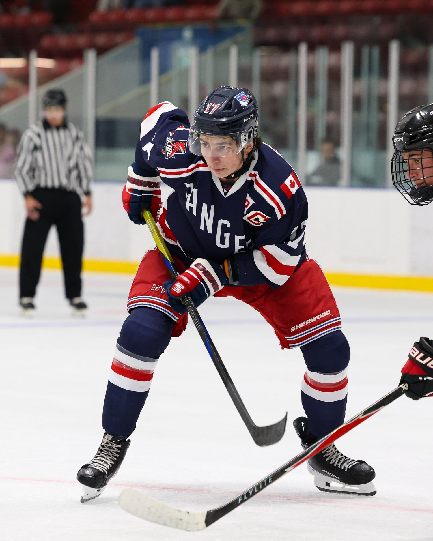 Luca Spano of the North York Rangers during an OJHL Preseason game at the Herbert H. Carnegie Centennial Centre.