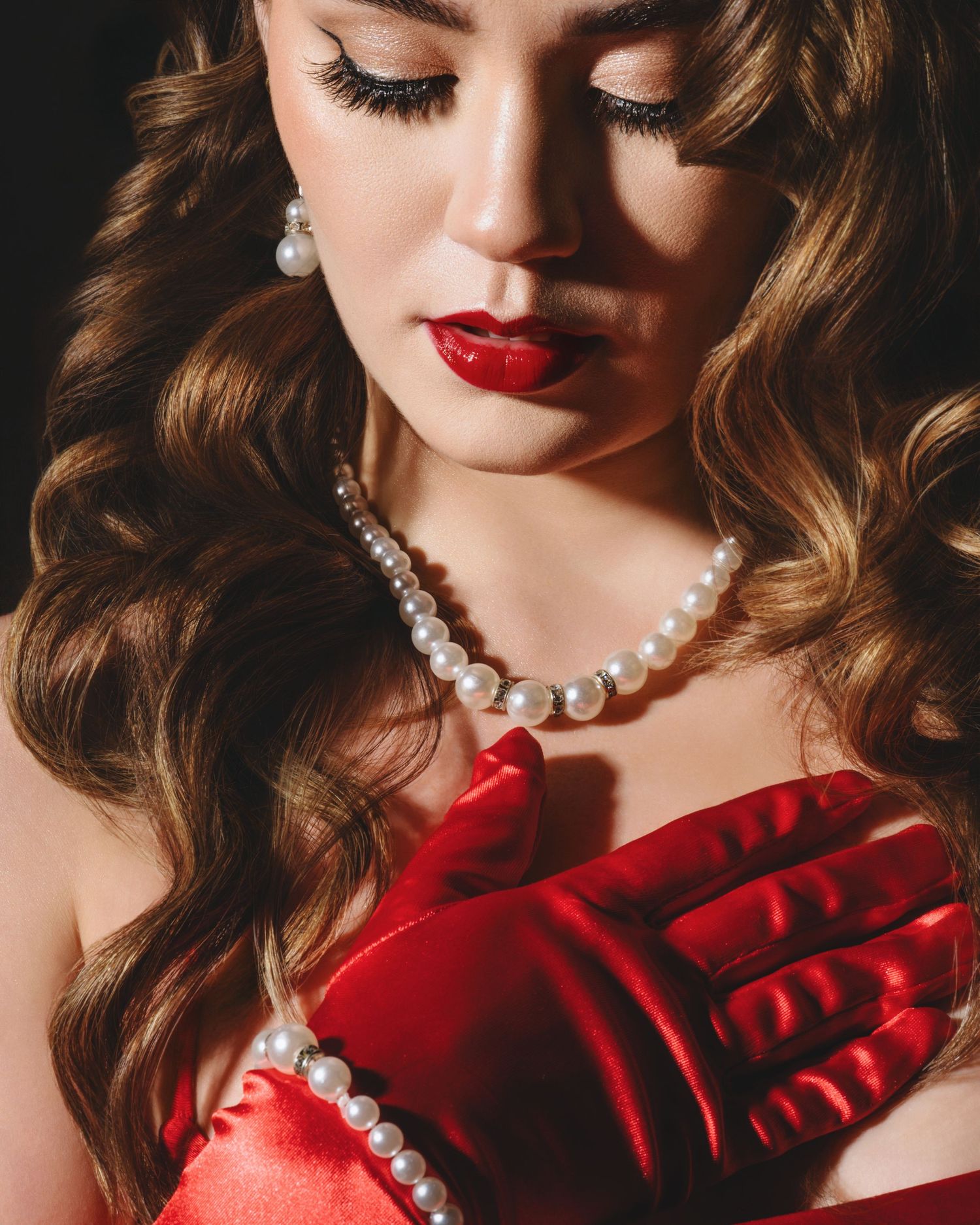 A glamorous vintage-inspired portrait featuring red lipstick, pearl necklace, and satin gloves in a classic Hollywood style.