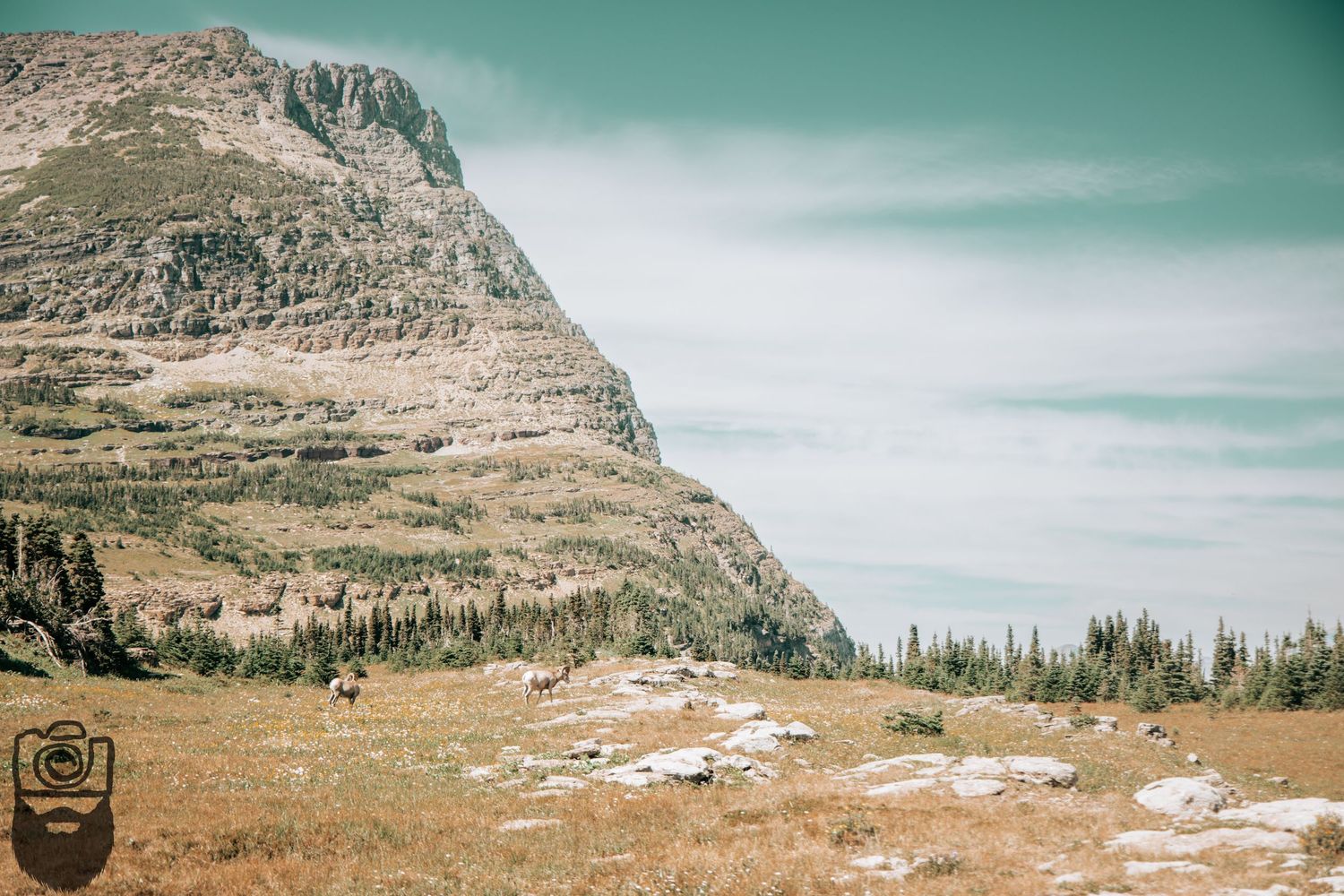 Sweeping mountain landscape with rocky cliffs and green valleys under cloudy skies.