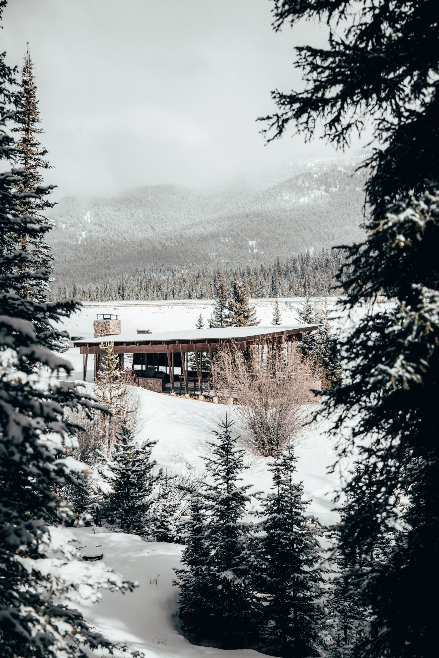 Snow-covered mountain lodge nestled among evergreen trees in a winter landscape.