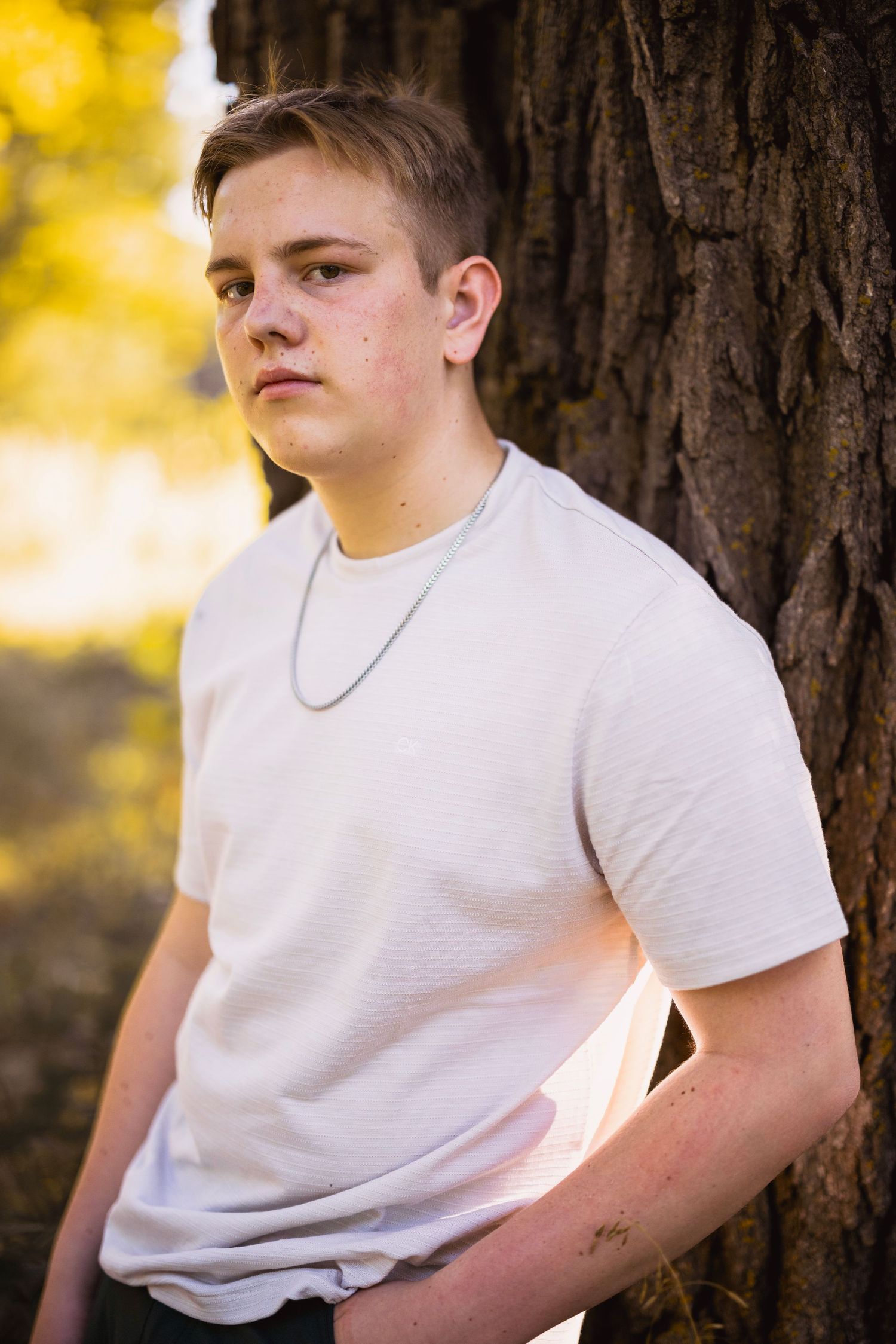 A person in a white t-shirt sits against a tree trunk with golden sunlight filtering through.