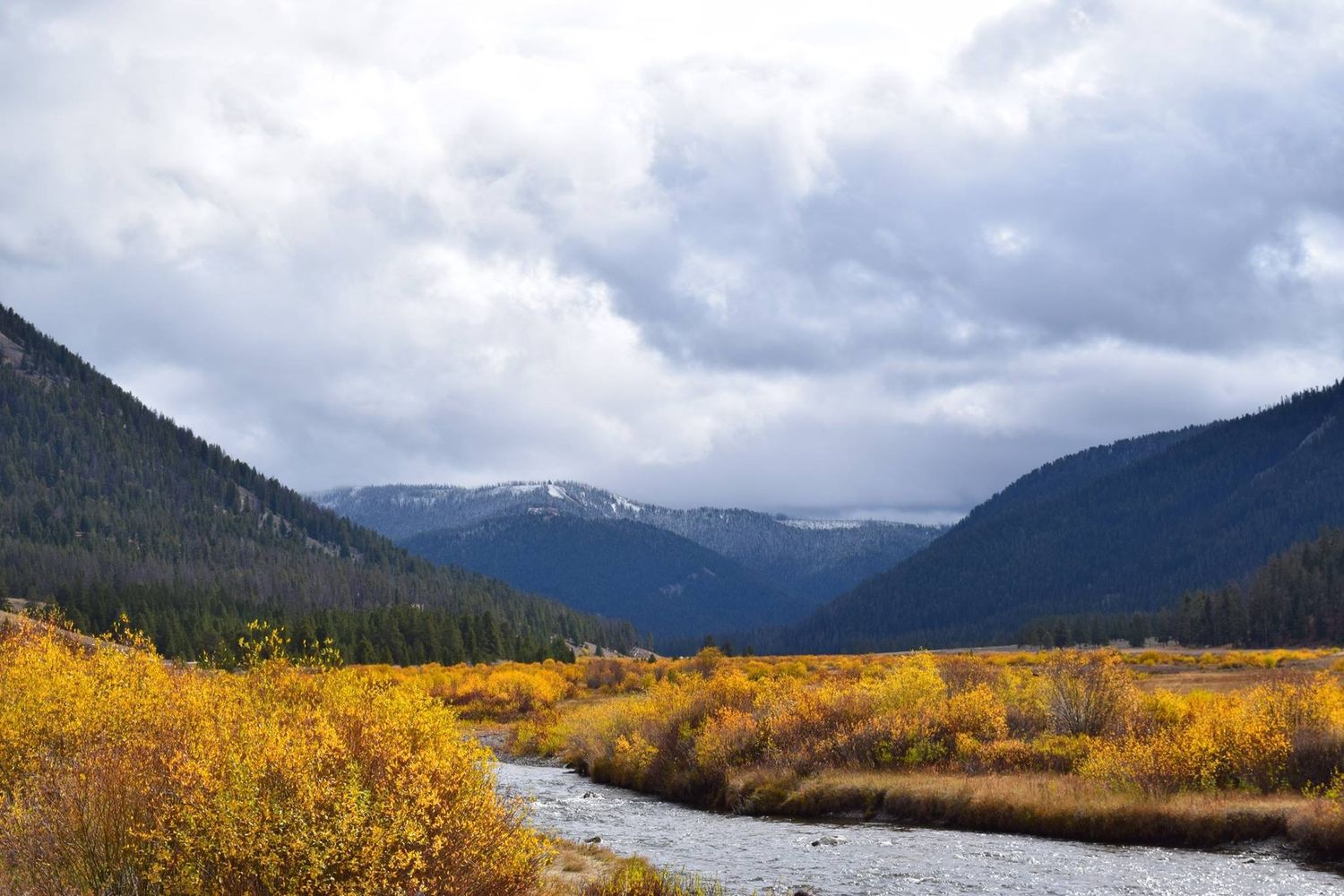 Panoramic mountain landscape with autumn foliage and winding river.