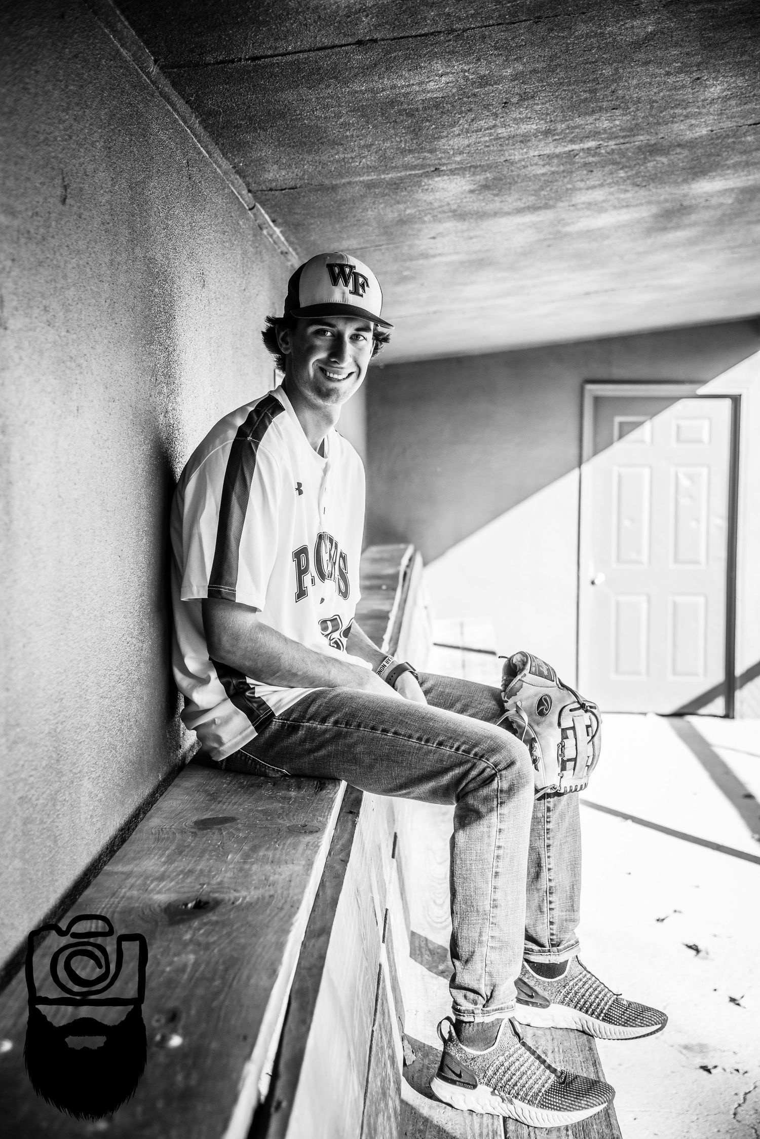 Black and white photos of baseball player practicing in indoor facility.