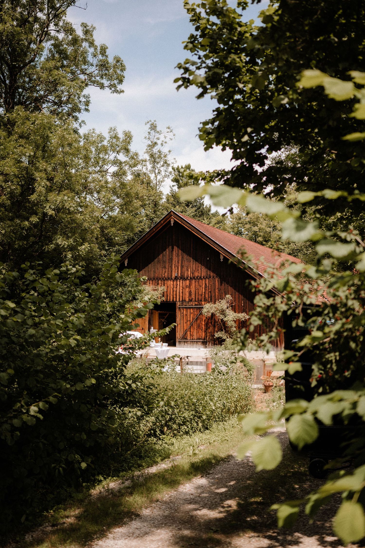 A rustic wooden barn nestled among green trees on a sunny day.
