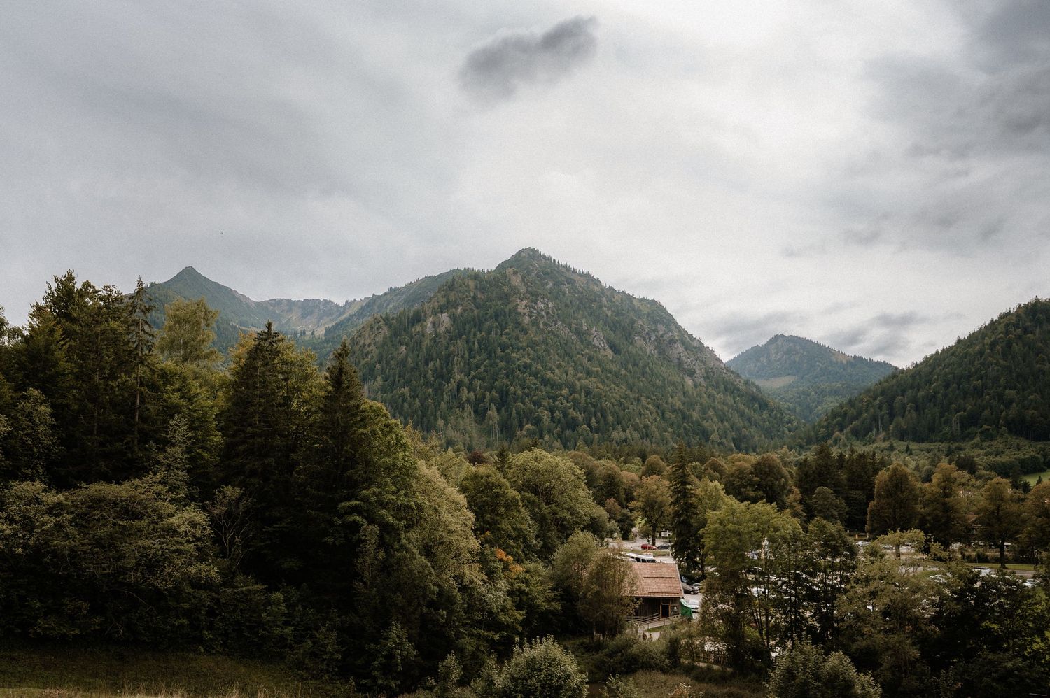 Mountain landscape with evergreen forest and dramatic cloudy sky over rugged peaks.