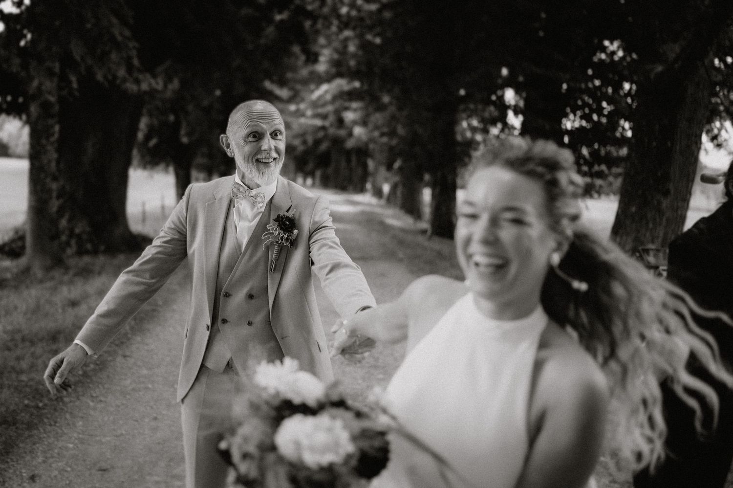 Series of candid black and white wedding moments showing couple's joyful celebration.