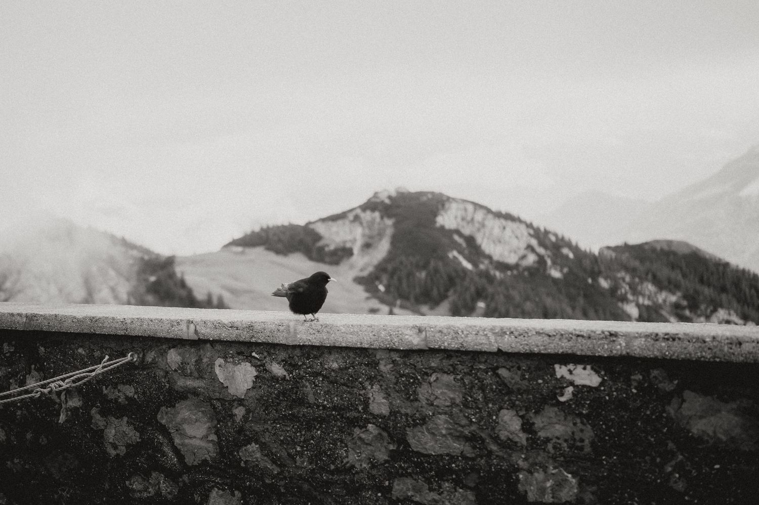 Black and white landscape photograph of misty mountains with a stone wall in the foreground.