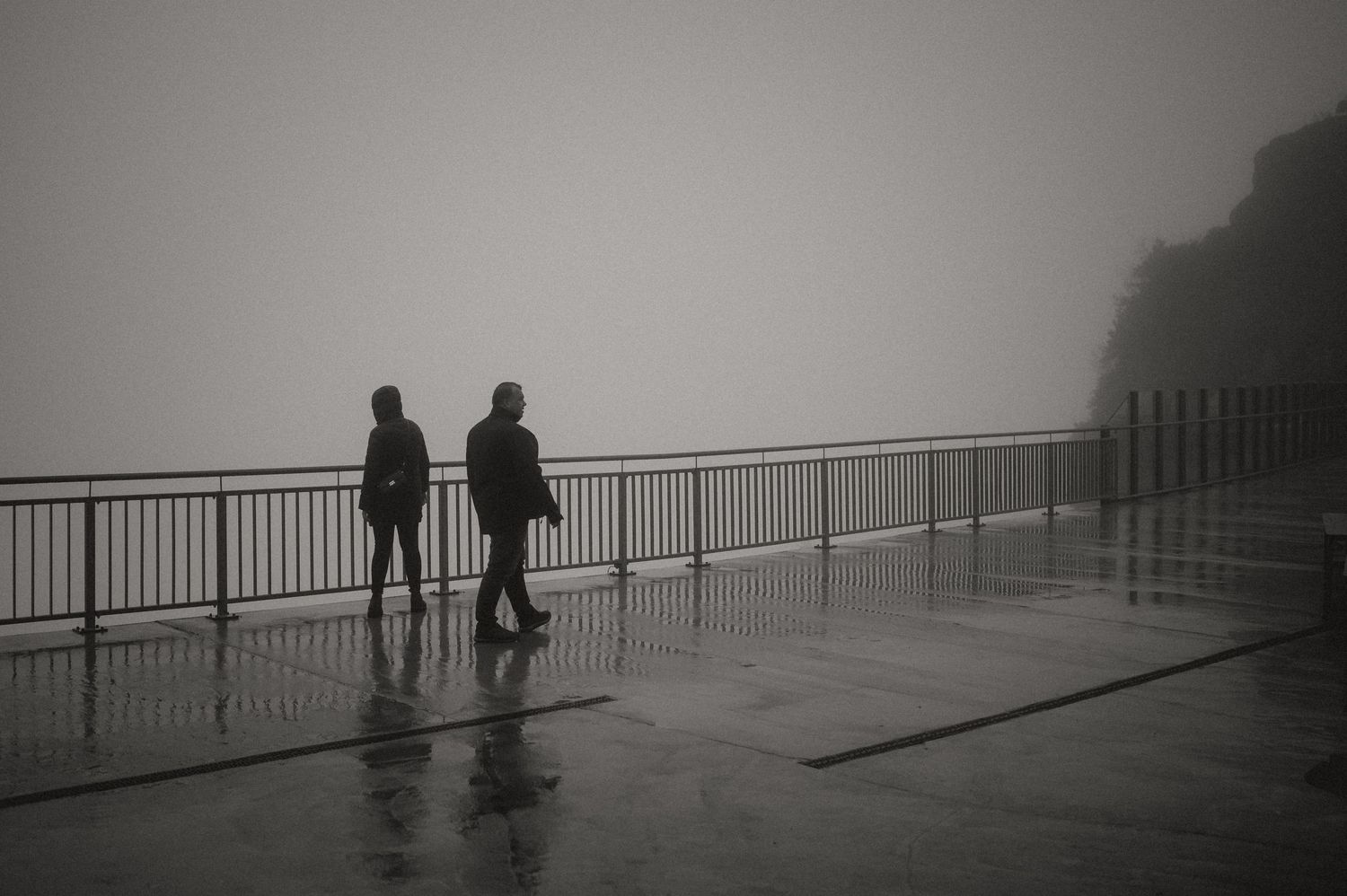 Silhouettes of people walking along a foggy observation deck with metal railings.