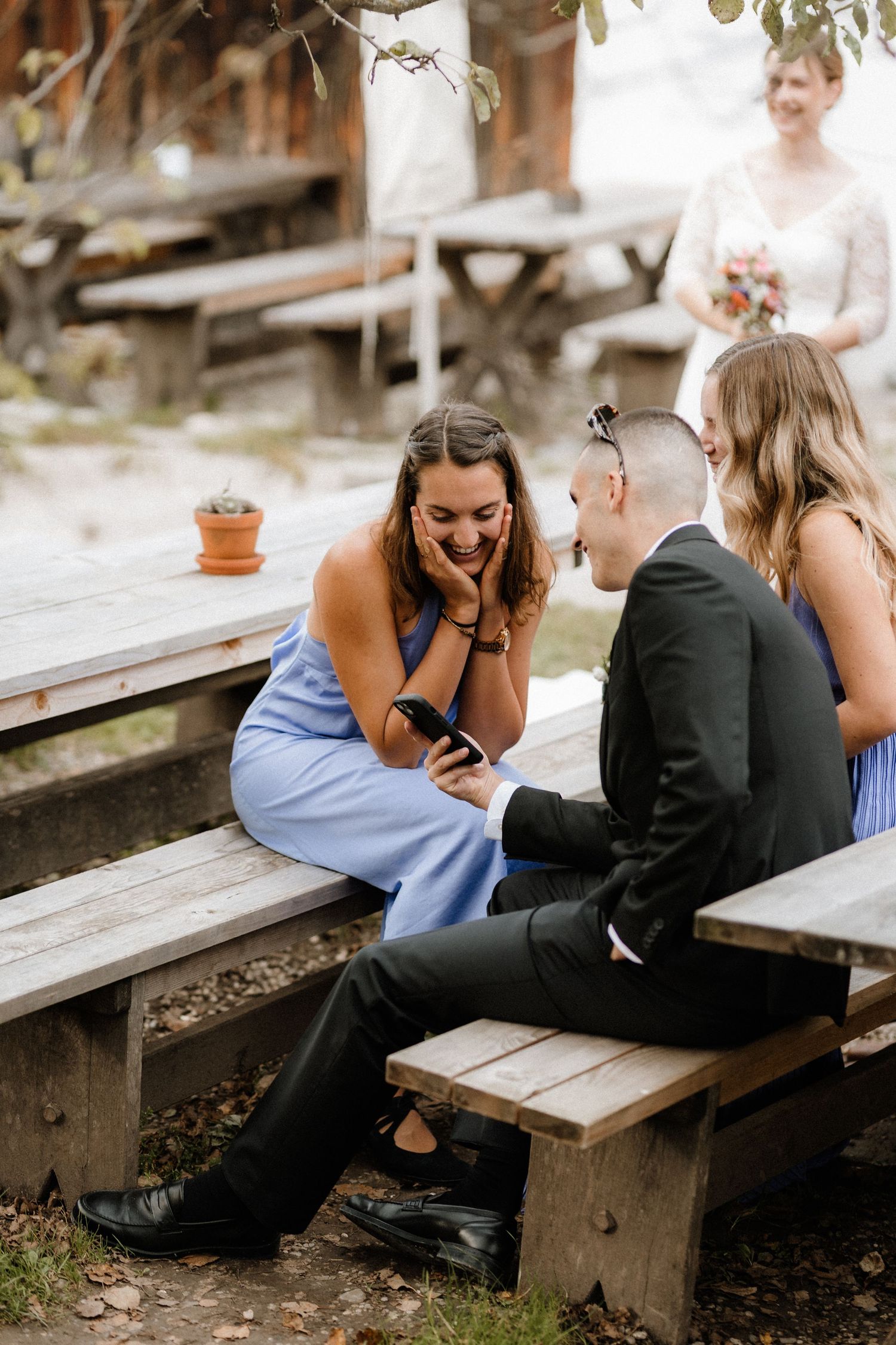 Wedding guests in formal attire sharing a candid laughing moment on wooden benches outdoors.