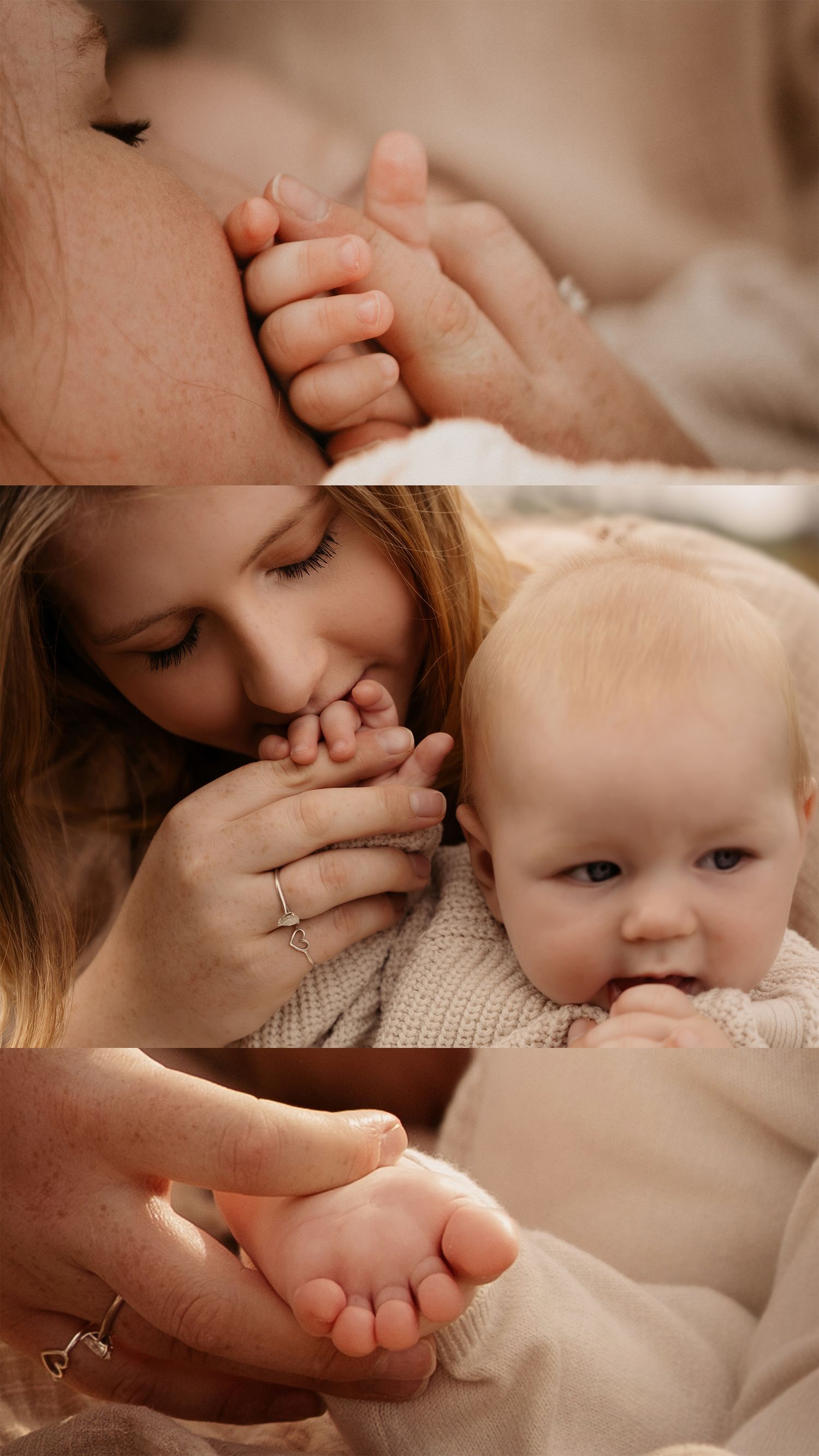 A collage of mother holding her baby close, capturing a tender bond during a cozy autumn storytelling photoshoot in Lickey Hills