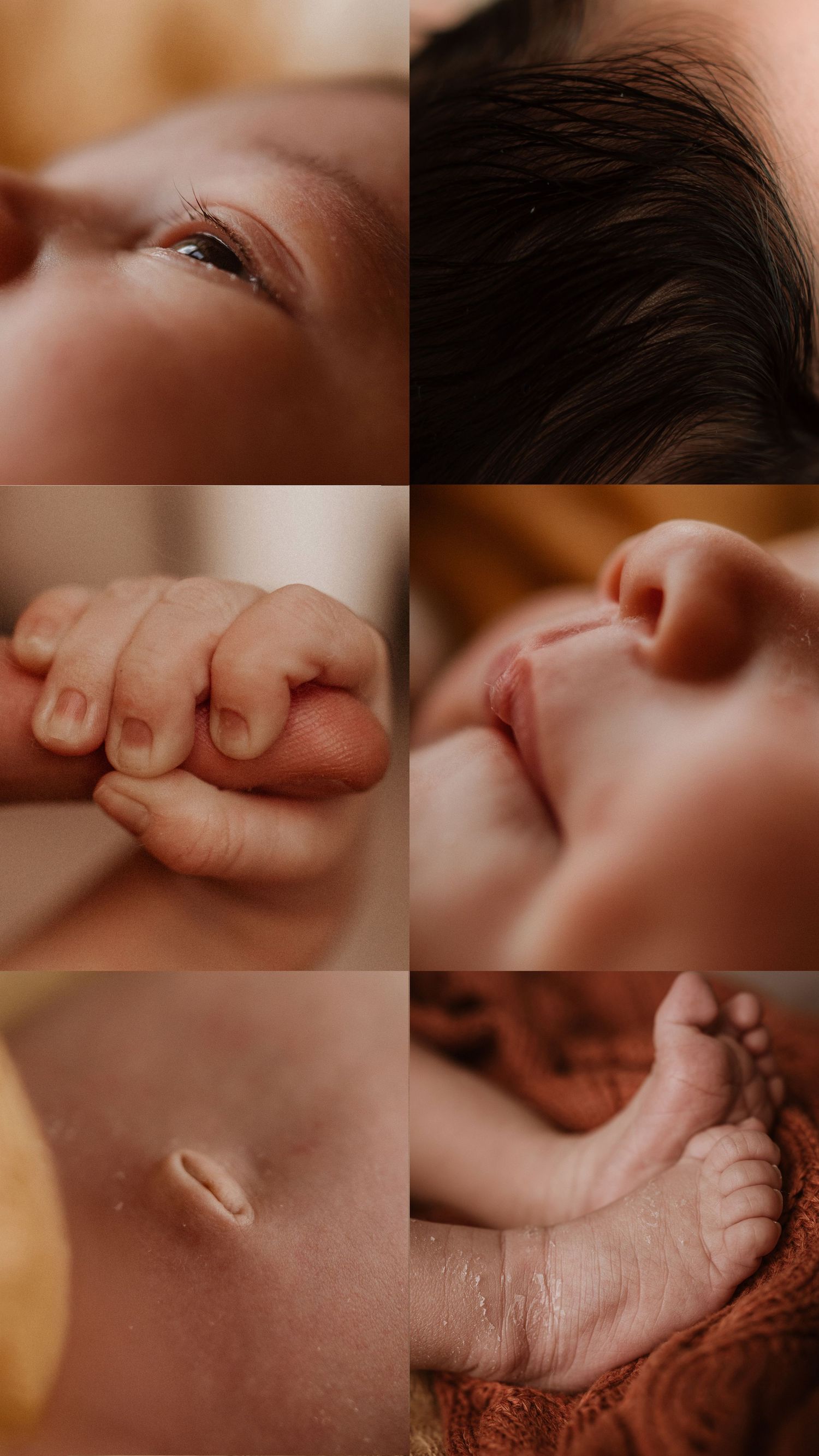Close-up collage of newborn details — tiny hands, lips, eyelashes and toes captured with warmth and care.