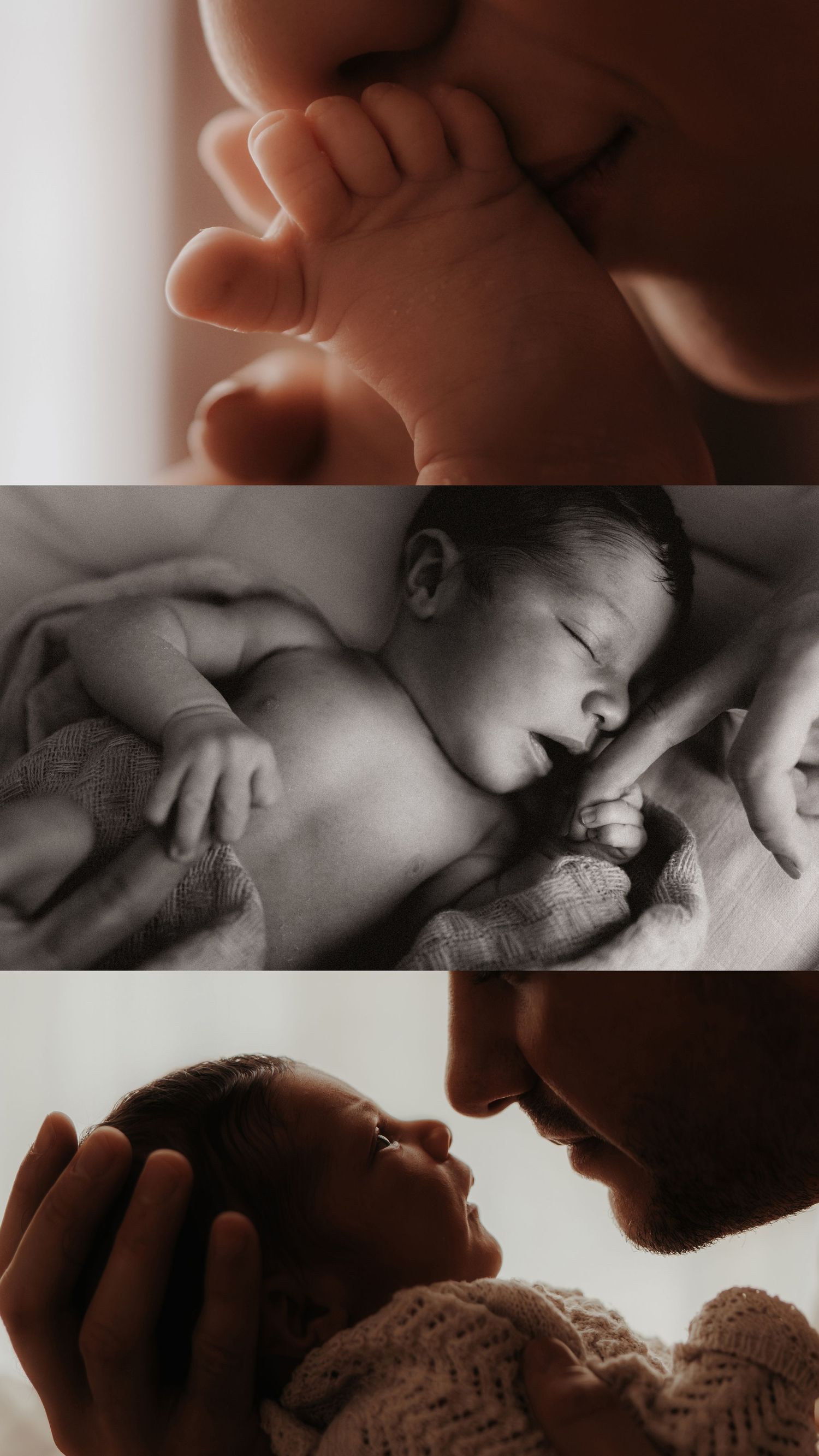 Newborn detail photos showing tiny feet, cuddles, and parent connection during a lifestyle newborn photography session.