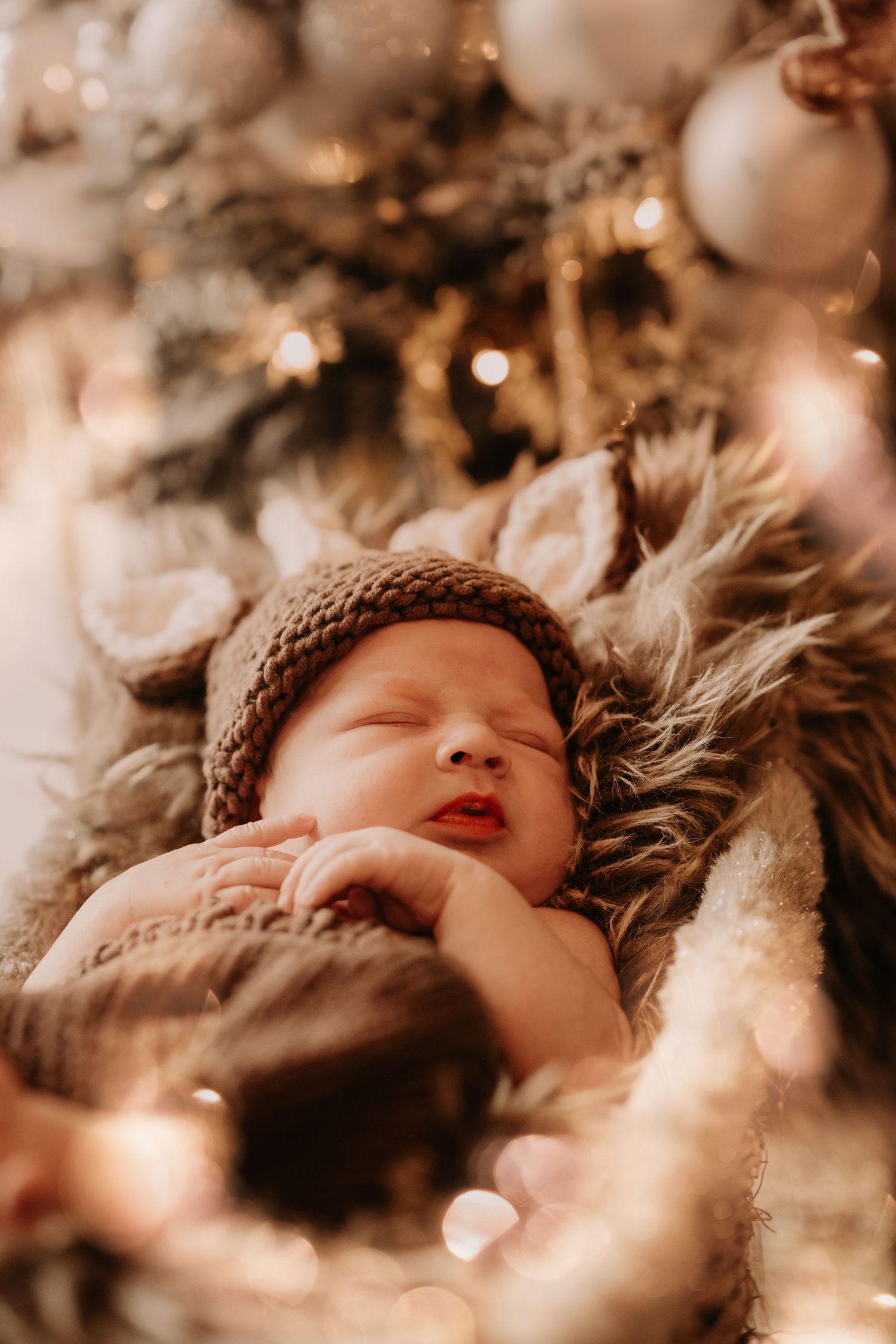 Sleeping newborn wrapped in a cozy blanket under a Christmas tree, wearing a knitted hat in Hinckley