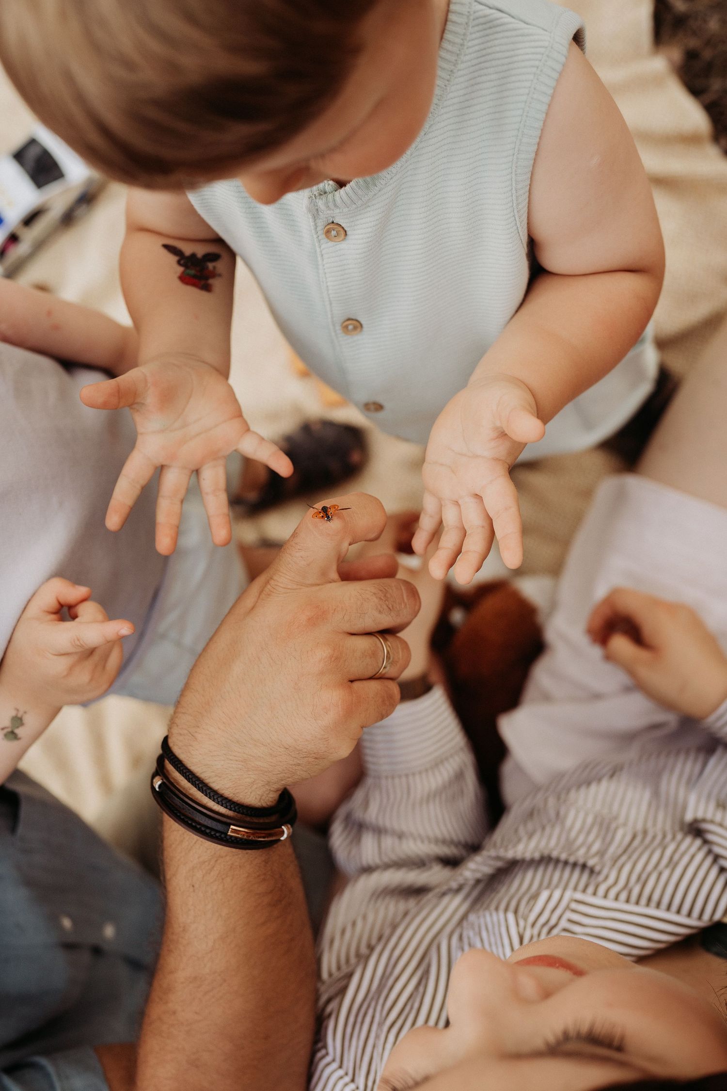 Small child reaching for a parent’s hands while another child watches, captured in a candid lifestyle family photoshoot