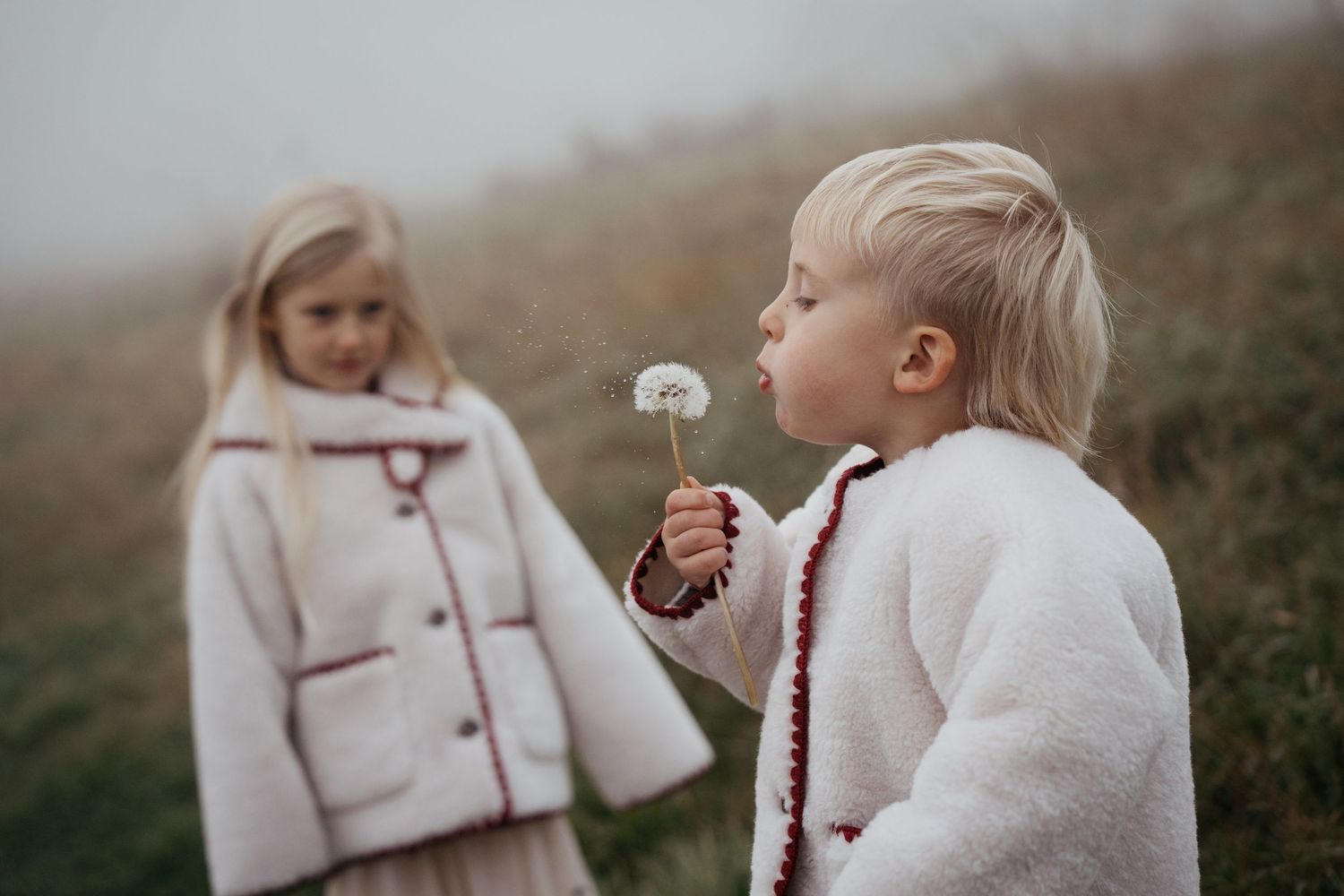 Siblings play in soft fog, one blowing a dandelion during a gentle outdoor childhood session.