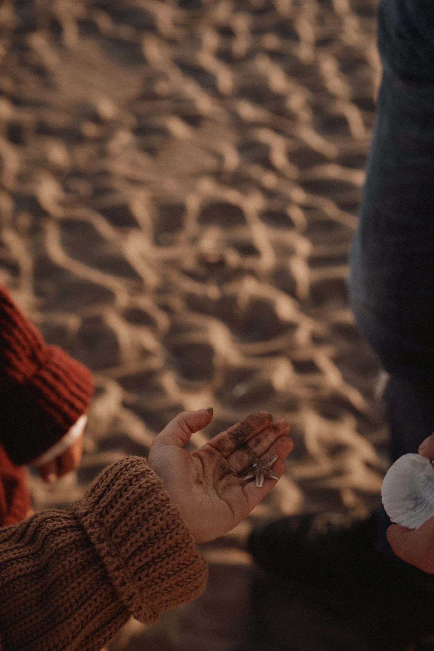 Small child’s open hand held out at the beach, grains of sand resting on the palm, with textured footprints and soft evening light in the ba